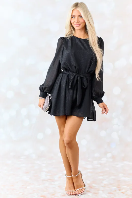 Black Lurex Chiffon Waist Tie Long Sleeve Mini Dress sold by Lime Lush