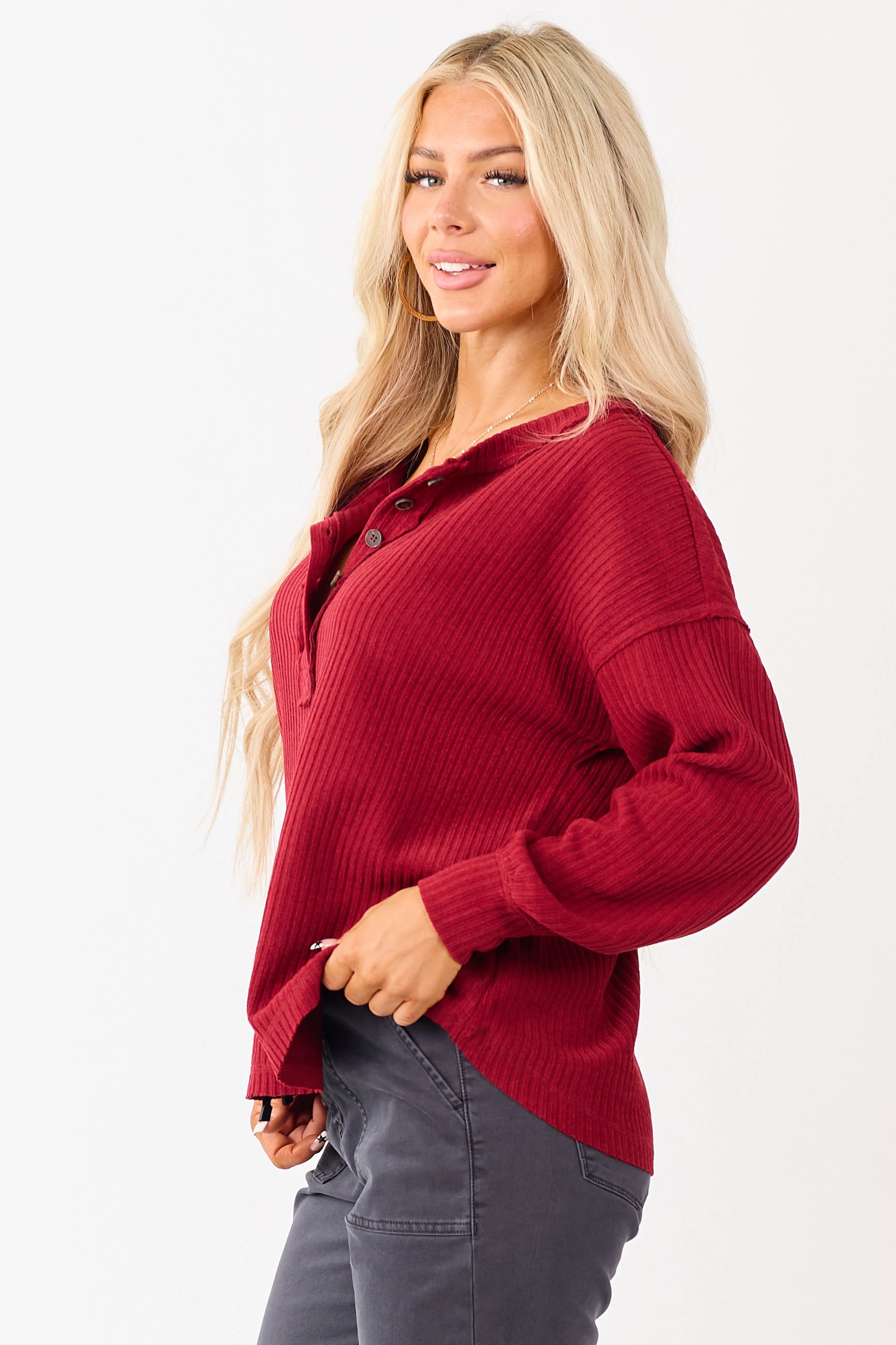 Candy Apple Red Long Sleeve Knit Henley Top sold by Lime Lush product image thumbnail 5