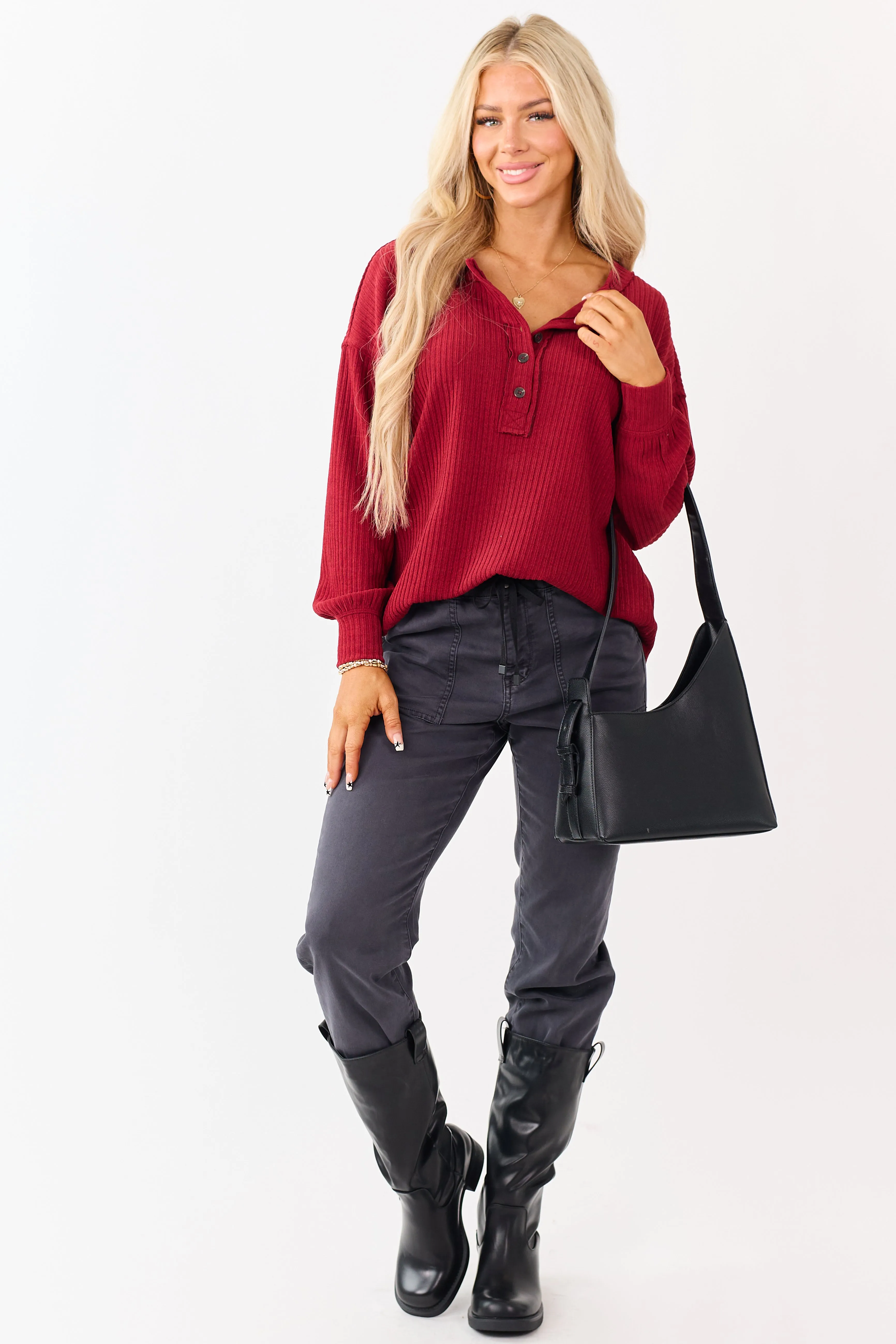Candy Apple Red Long Sleeve Knit Henley Top sold by Lime Lush product image thumbnail 4