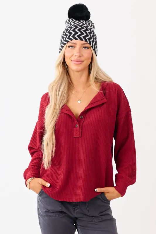 Candy Apple Red Long Sleeve Knit Henley Top sold by Lime Lush