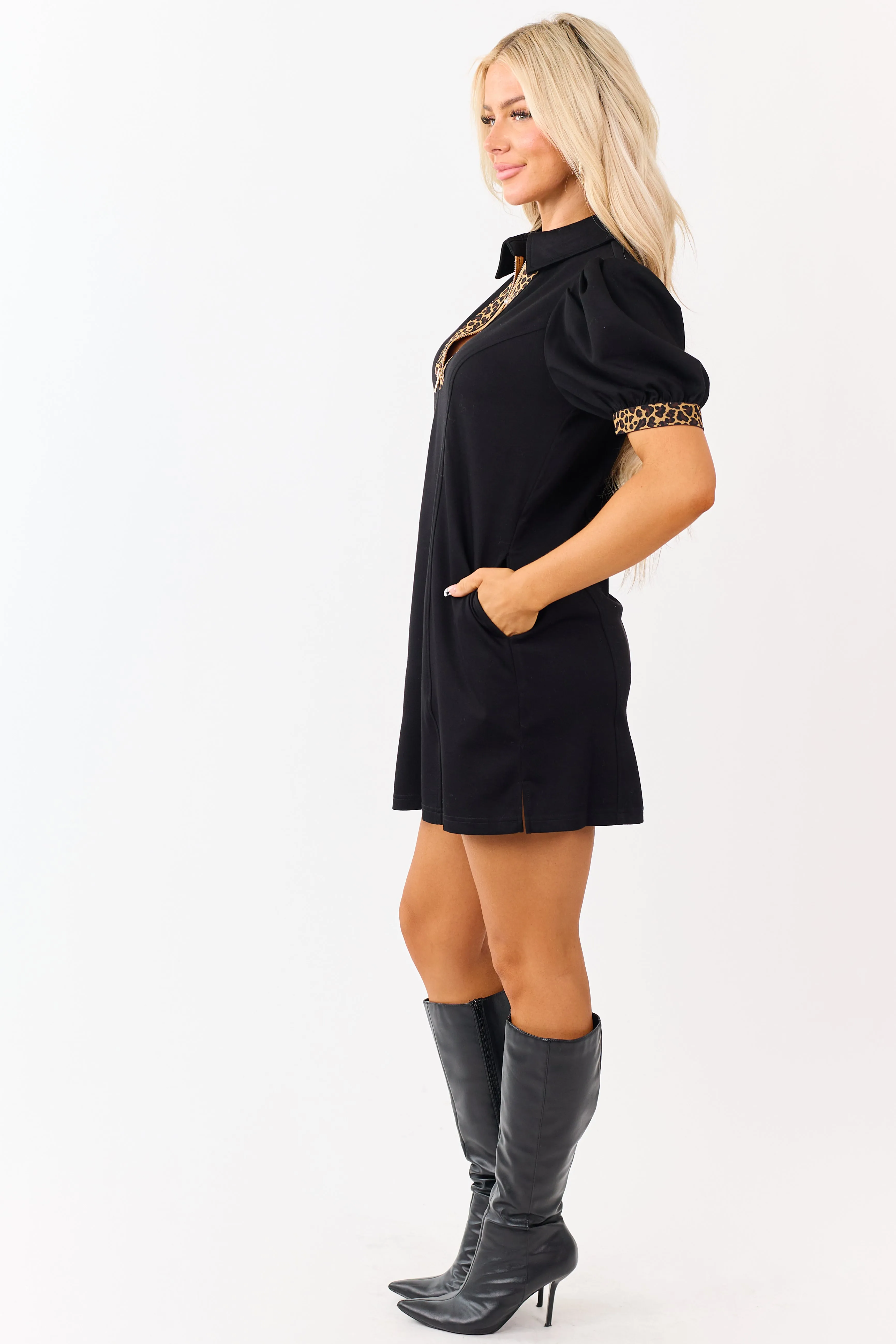 Entro Black Leopard Trim Quarter Zip Mini Dress sold by Lime Lush product image thumbnail 4