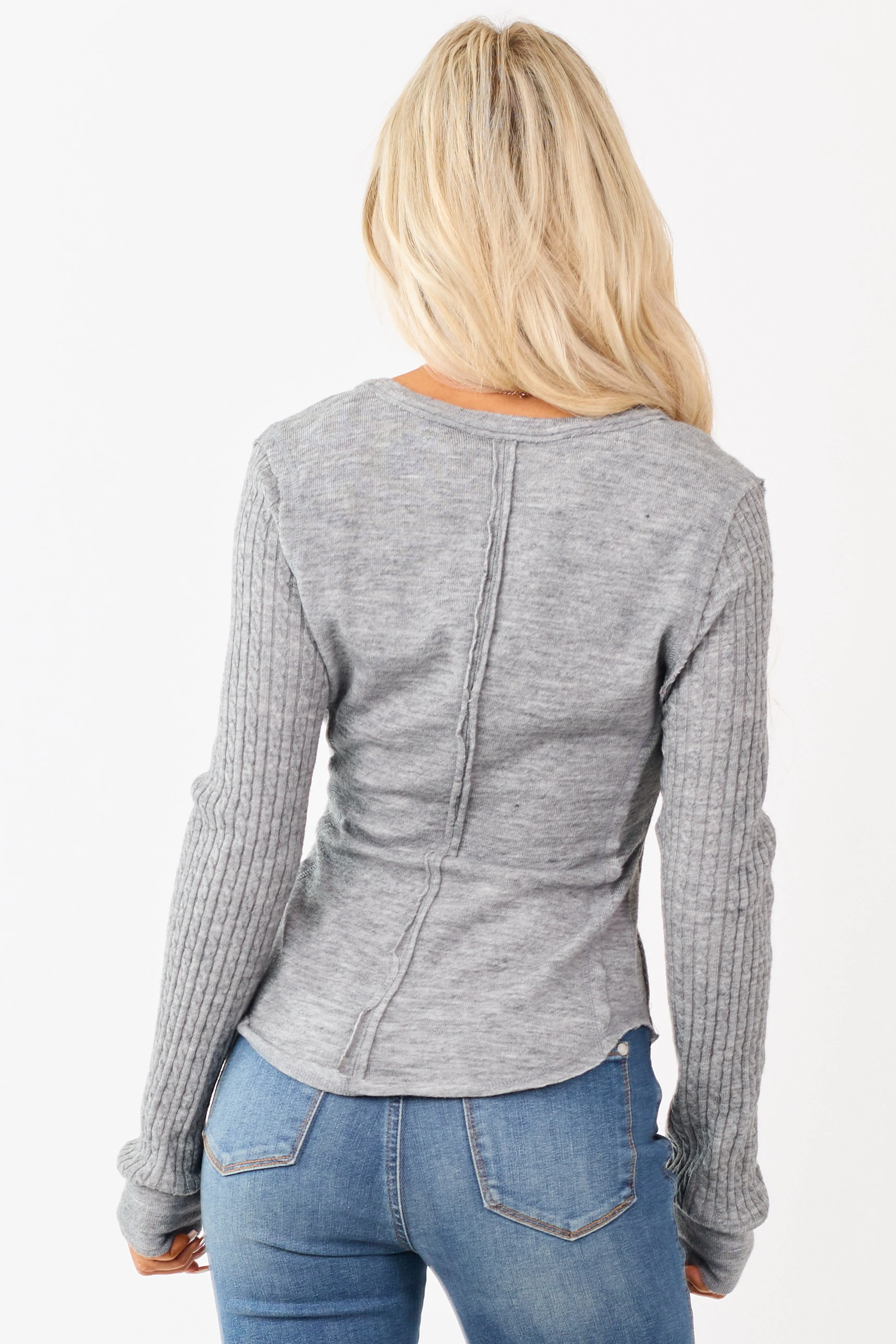Steel Henley Top with Contrast Cable Knit Sleeves sold by Lime Lush product image thumbnail 5