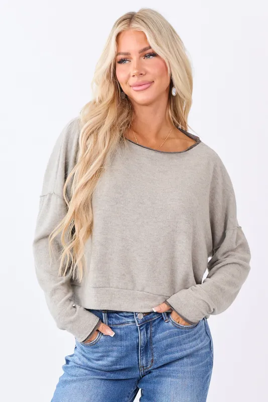 Oatmeal Fleece Contrast Trim Long Sleeve Top sold by Lime Lush