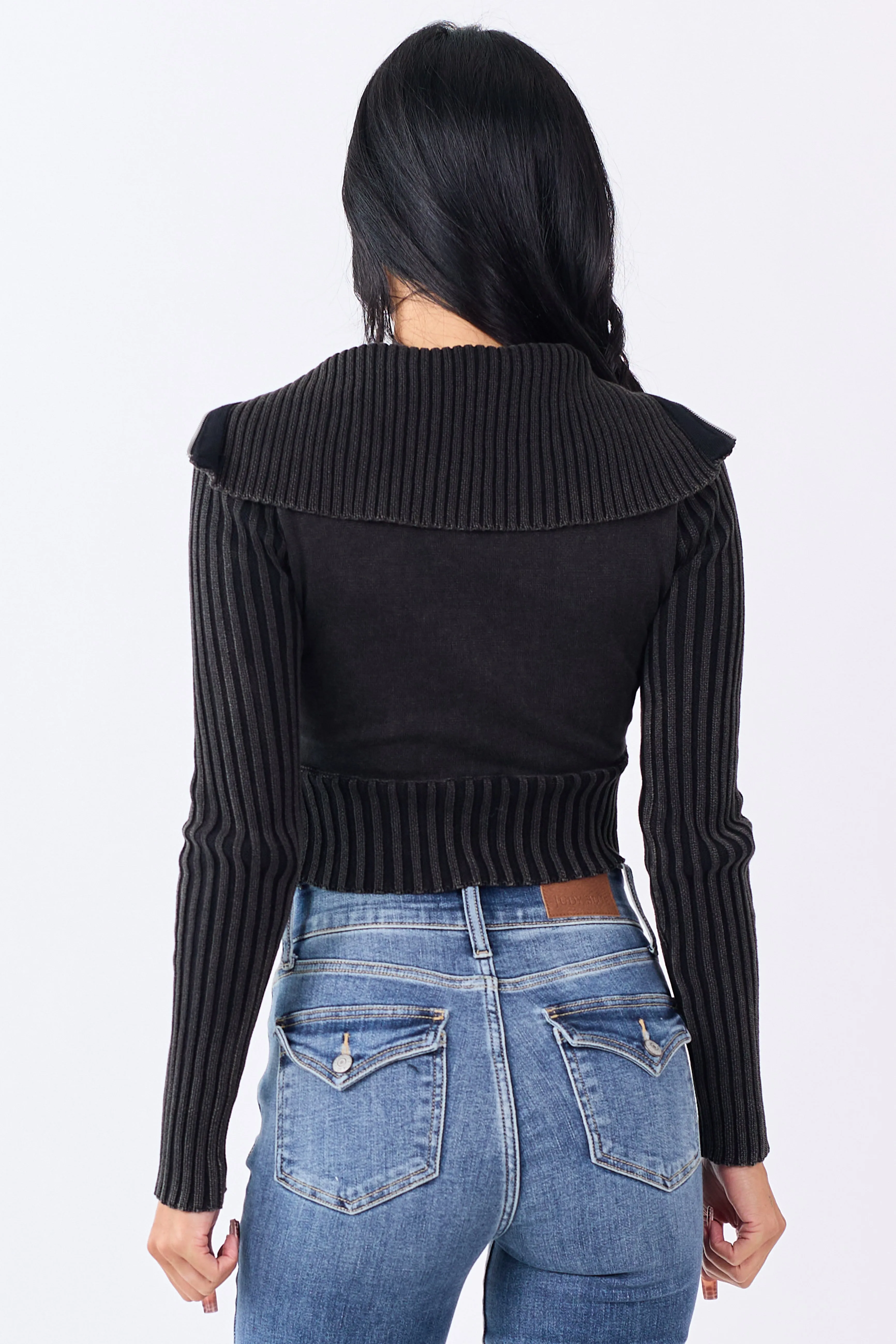 Washed Black Ribbed Cotton Knit Zip Up Crop Jacket sold by Lime Lush product image thumbnail 5