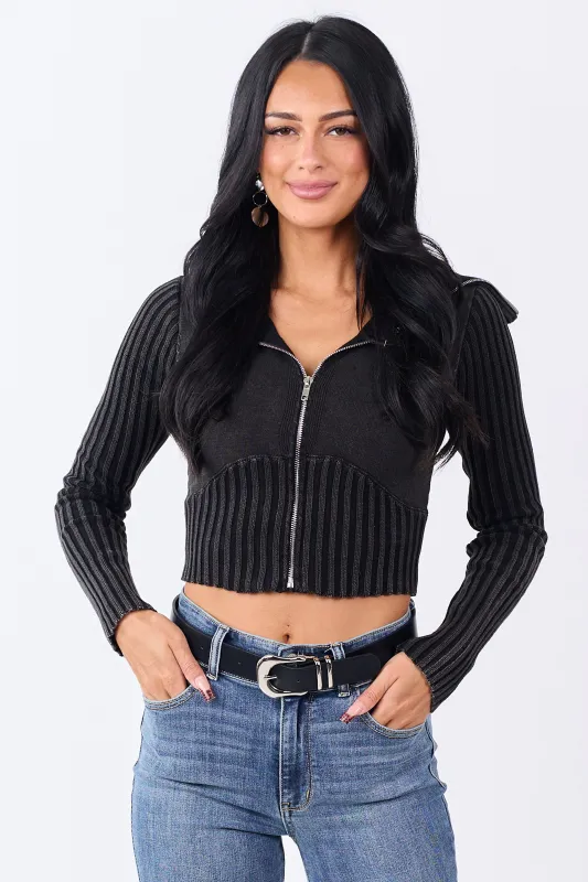 Washed Black Ribbed Cotton Knit Zip Up Crop Jacket sold by Lime Lush