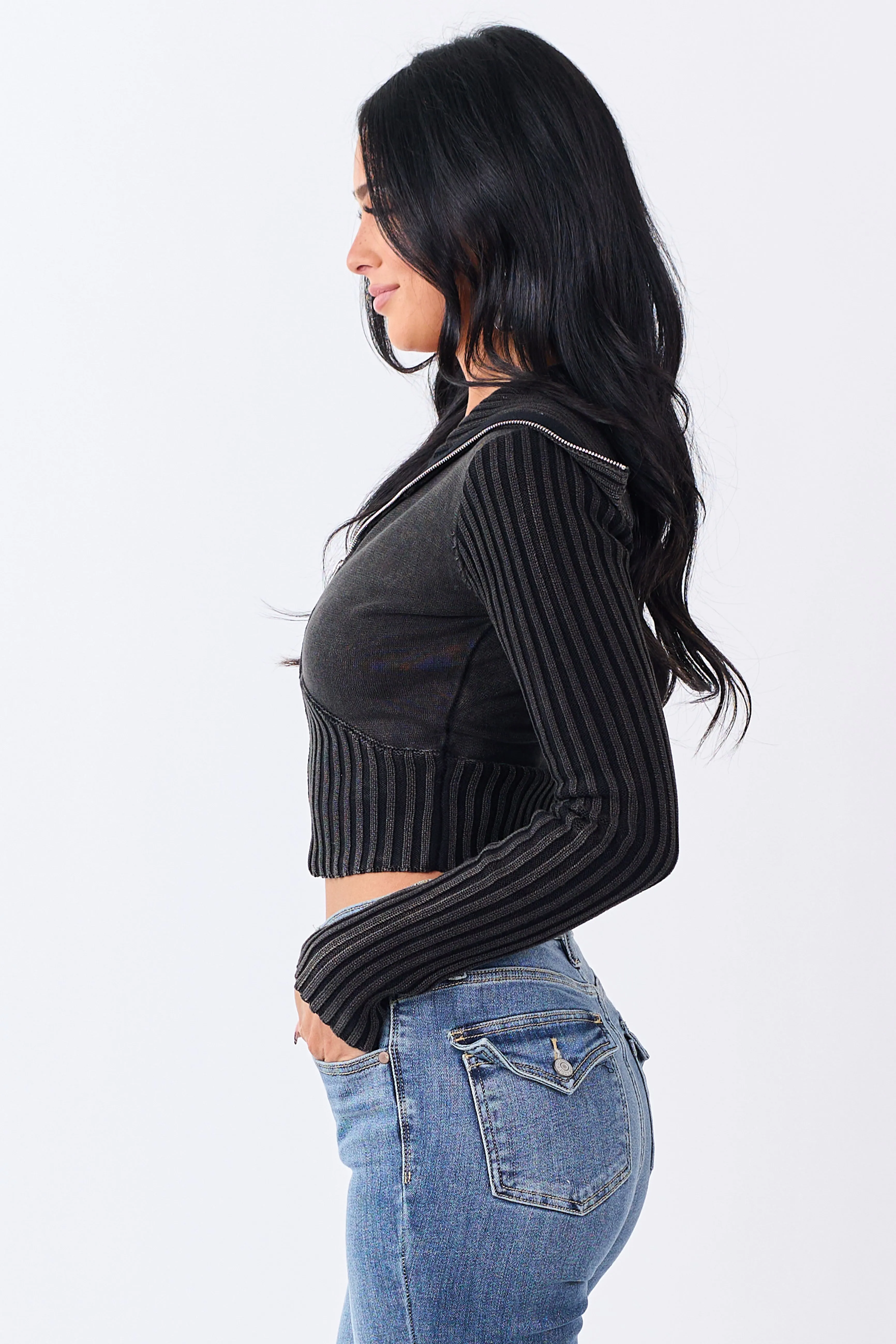 Washed Black Ribbed Cotton Knit Zip Up Crop Jacket sold by Lime Lush product image thumbnail 4