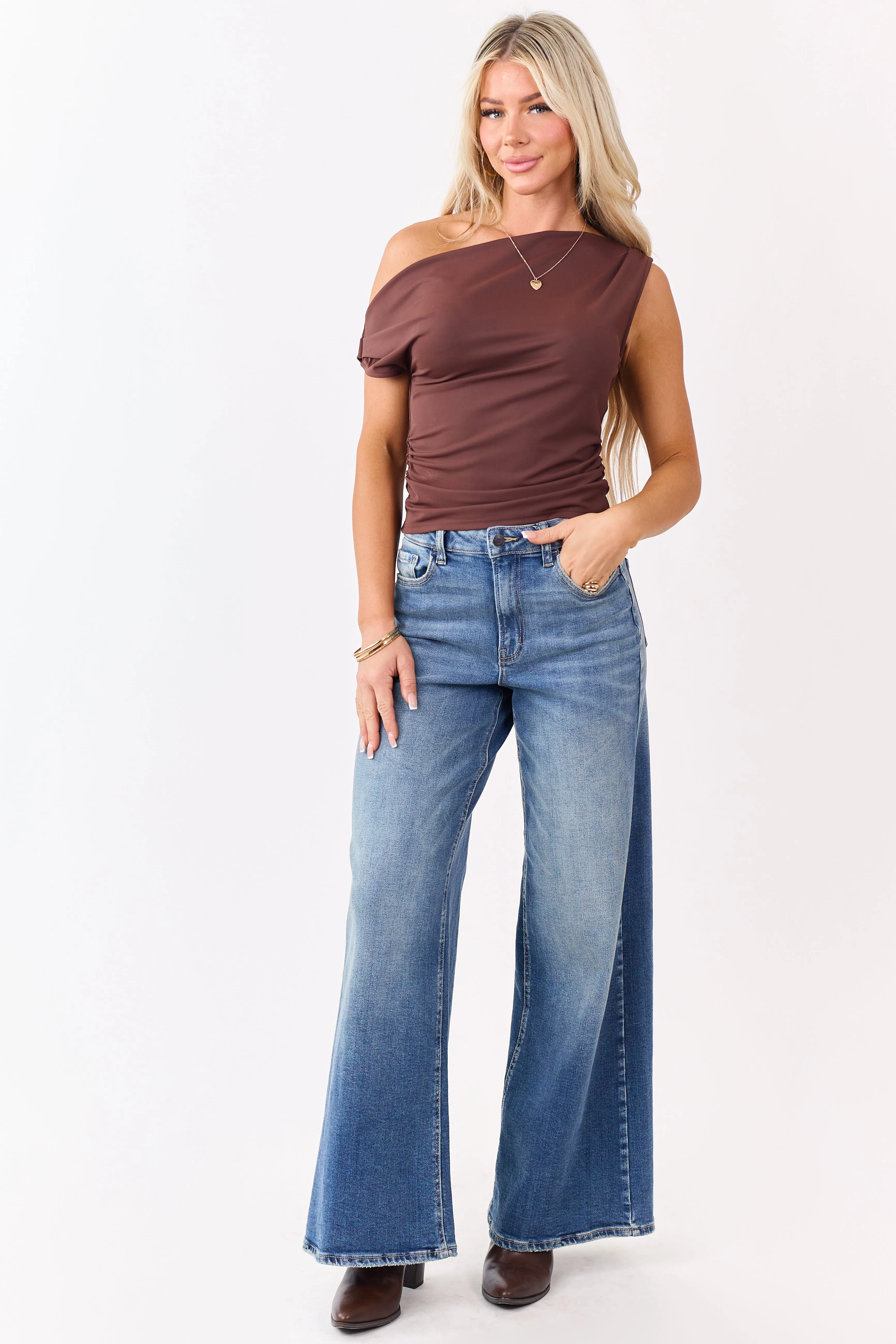 Chocolate One Shoulder Ruched Knit Tank Top sold by Lime Lush product image thumbnail 3