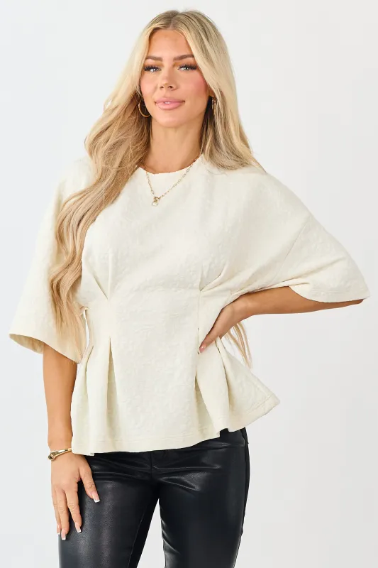 Cream Floral Jacquard Peplum Short Sleeve Top sold by Lime Lush