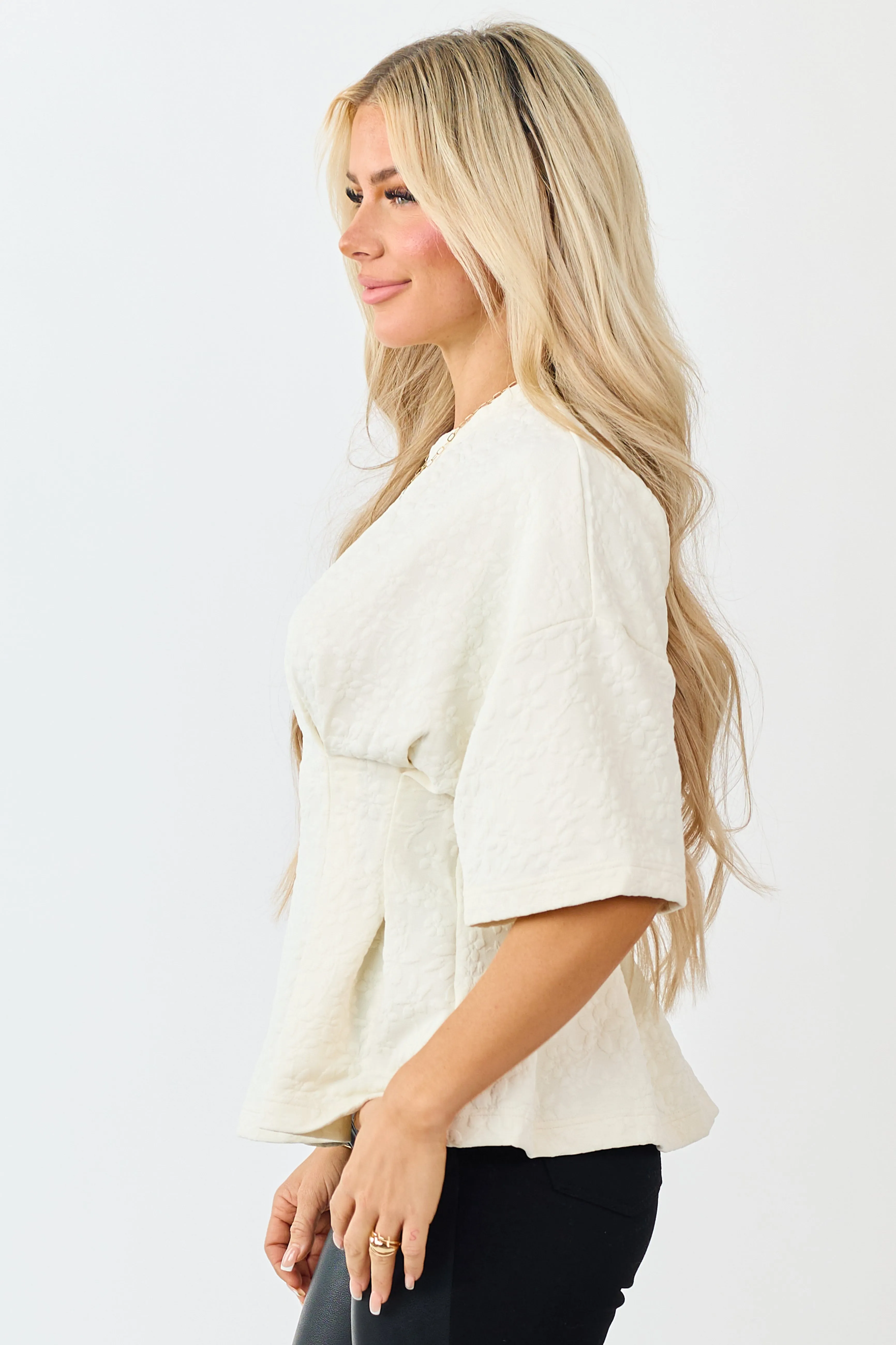 Cream Floral Jacquard Peplum Short Sleeve Top sold by Lime Lush product image thumbnail 4