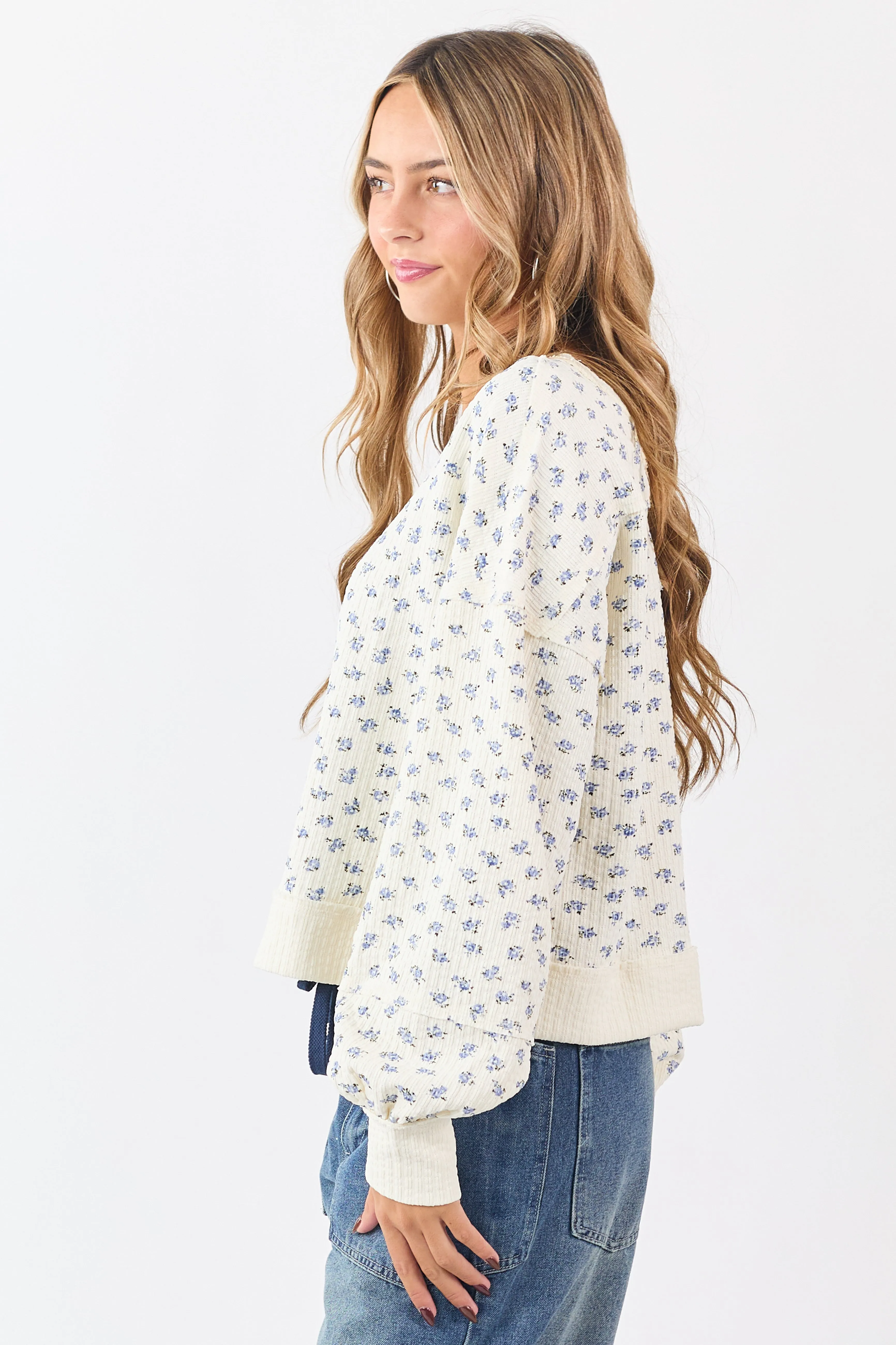 Cream Ditsy Floral Print Textured Sweatshirt Top sold by Lime Lush product image thumbnail 5