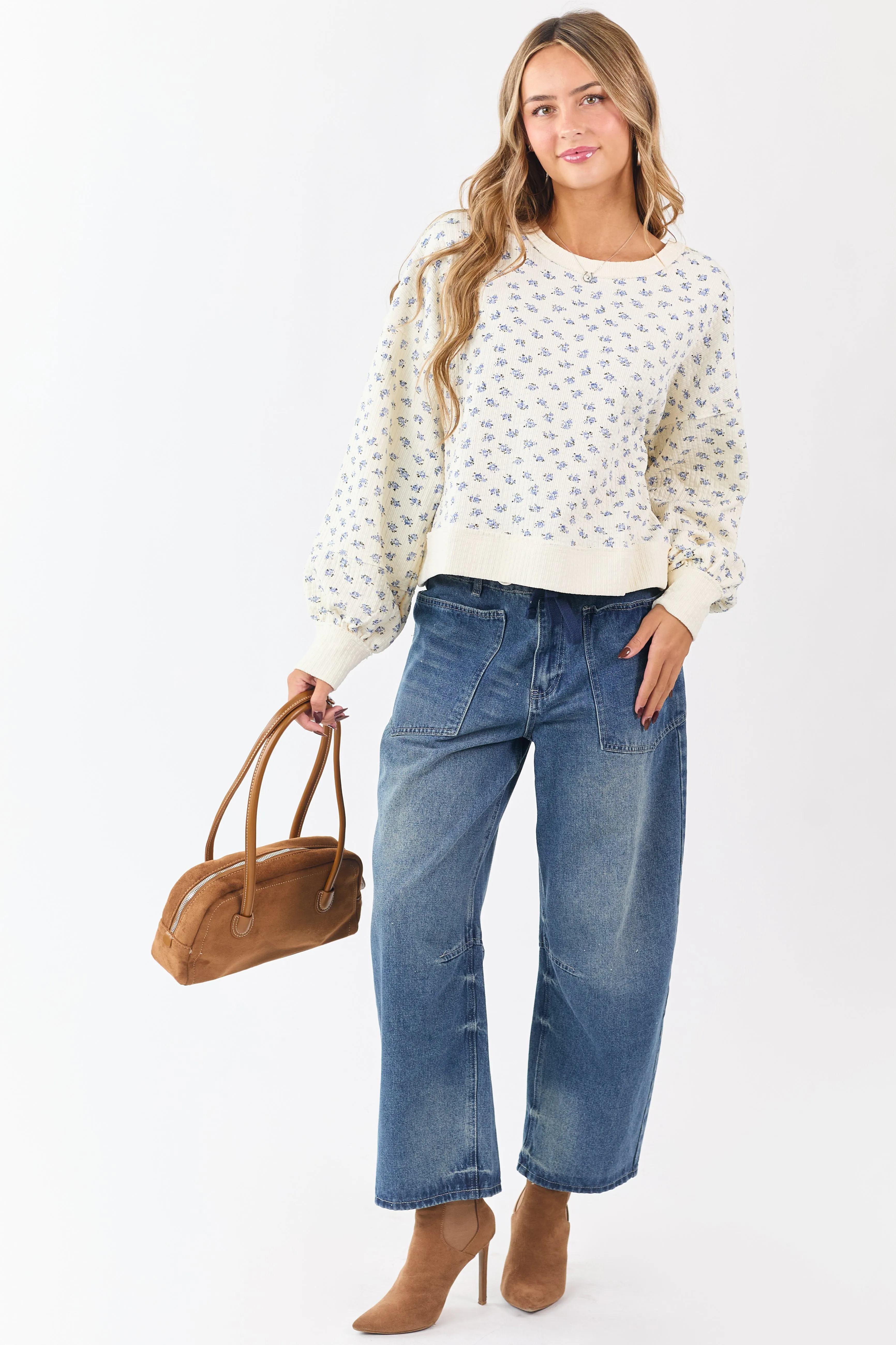 Cream Ditsy Floral Print Textured Sweatshirt Top sold by Lime Lush product image thumbnail 4