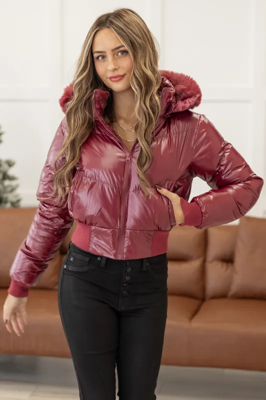Maroon Faux Fur Lined Hood Zip Up Puffer Jacket sold by Lime Lush
