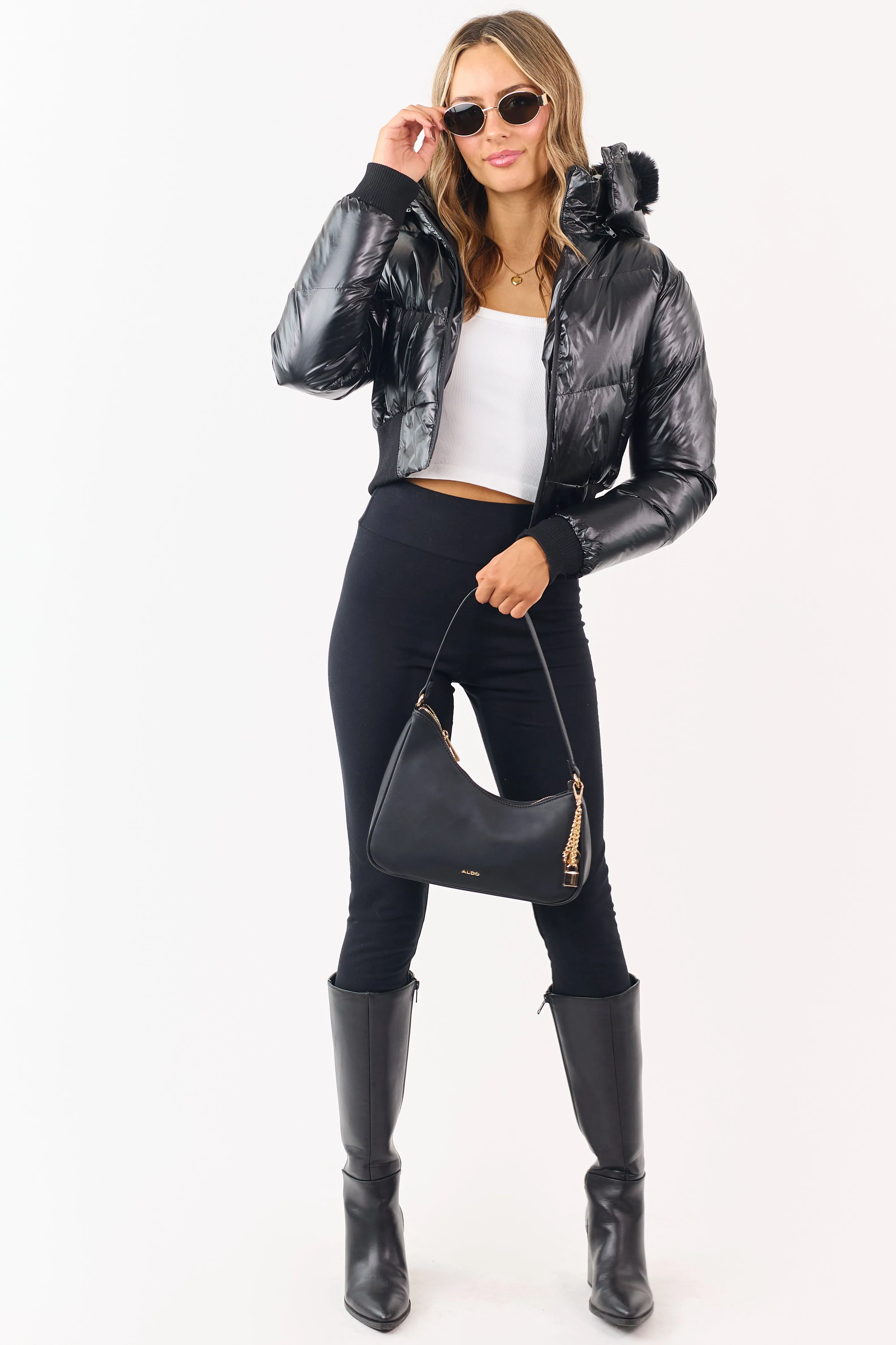 Black Faux Fur Trim Hood Zip Up Puffer Jacket sold by Lime Lush product image thumbnail 4