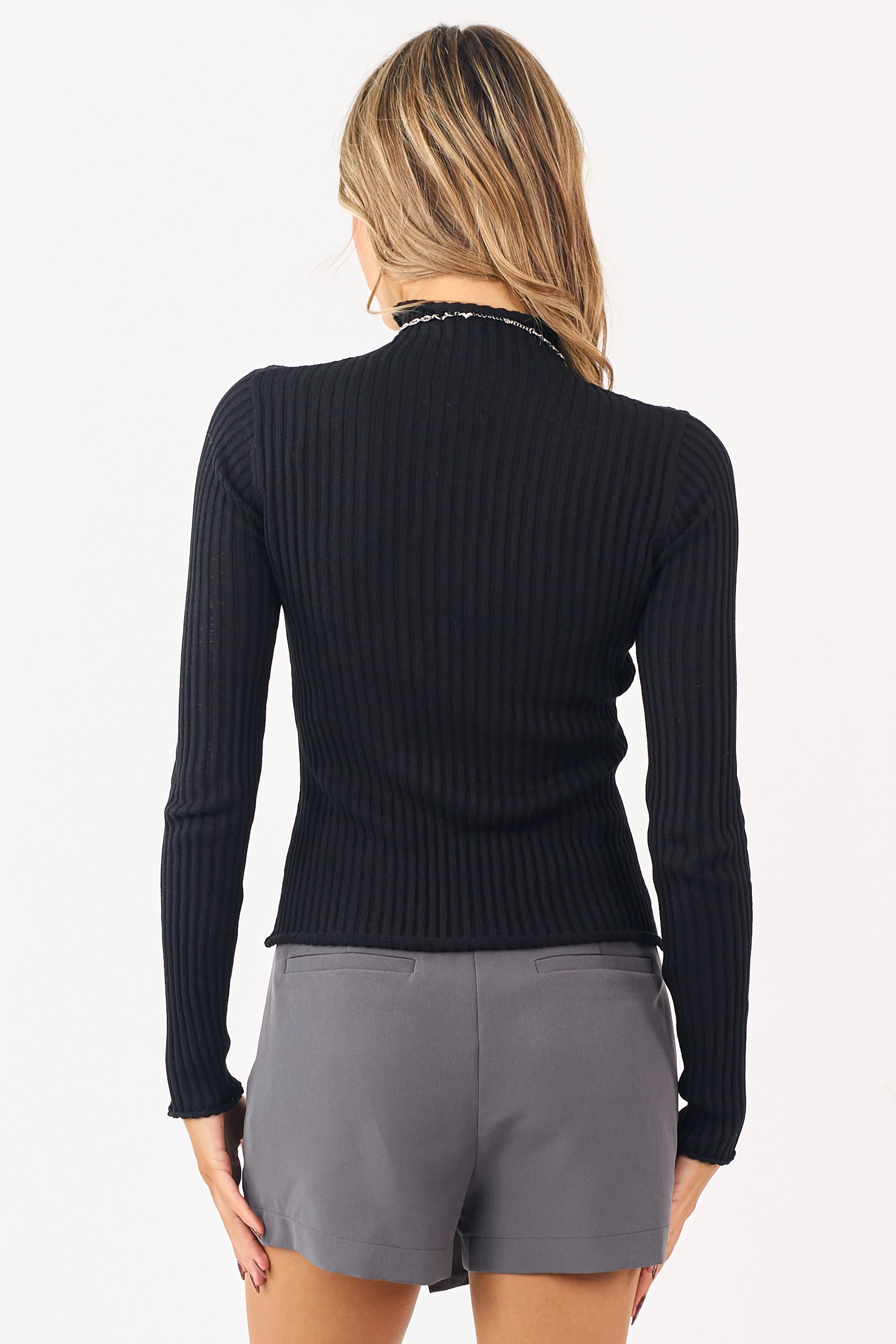 Black Rib Knit High Neck Long Sleeve Fitted Top sold by Lime Lush product image thumbnail 4