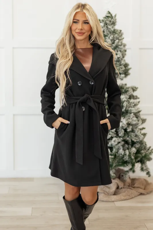 Black Double Breasted Hooded Trench Coat sold by Lime Lush