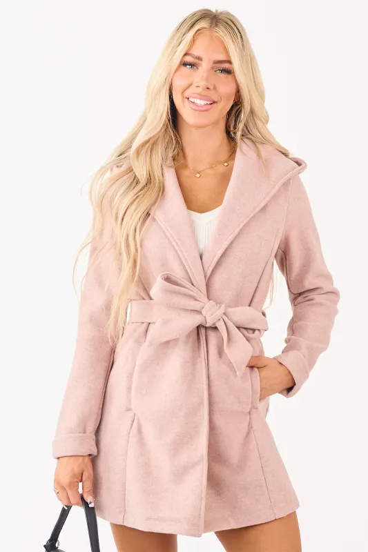 Dusty Rose Open Front Waist Tie Hooded Coat sold by Lime Lush