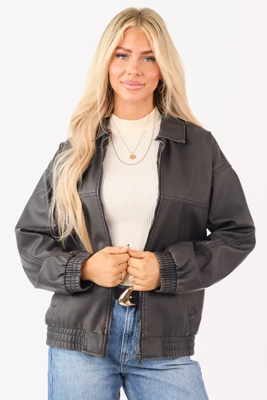 Dark Cocoa Faux Leather Zip Up Bomber Jacket sold by Lime Lush