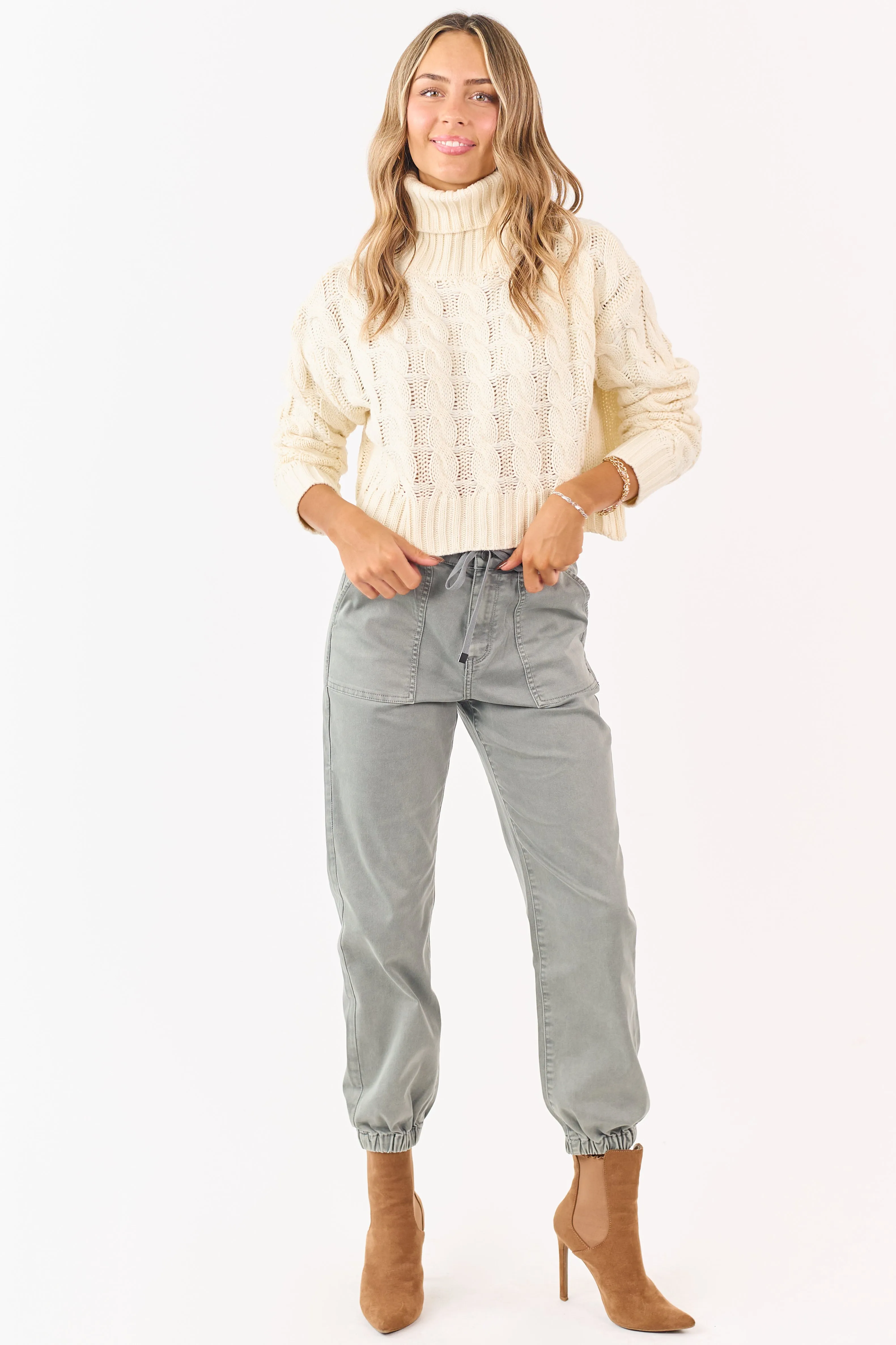 Cream Cropped Turtleneck Cable Knit Sweater sold by Lime Lush product image thumbnail 4