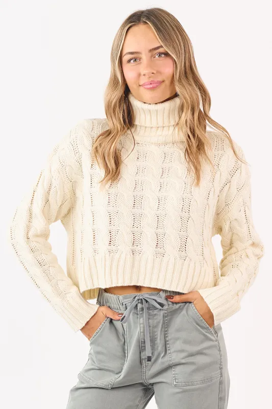 Cream Cropped Turtleneck Cable Knit Sweater made by Papermoon