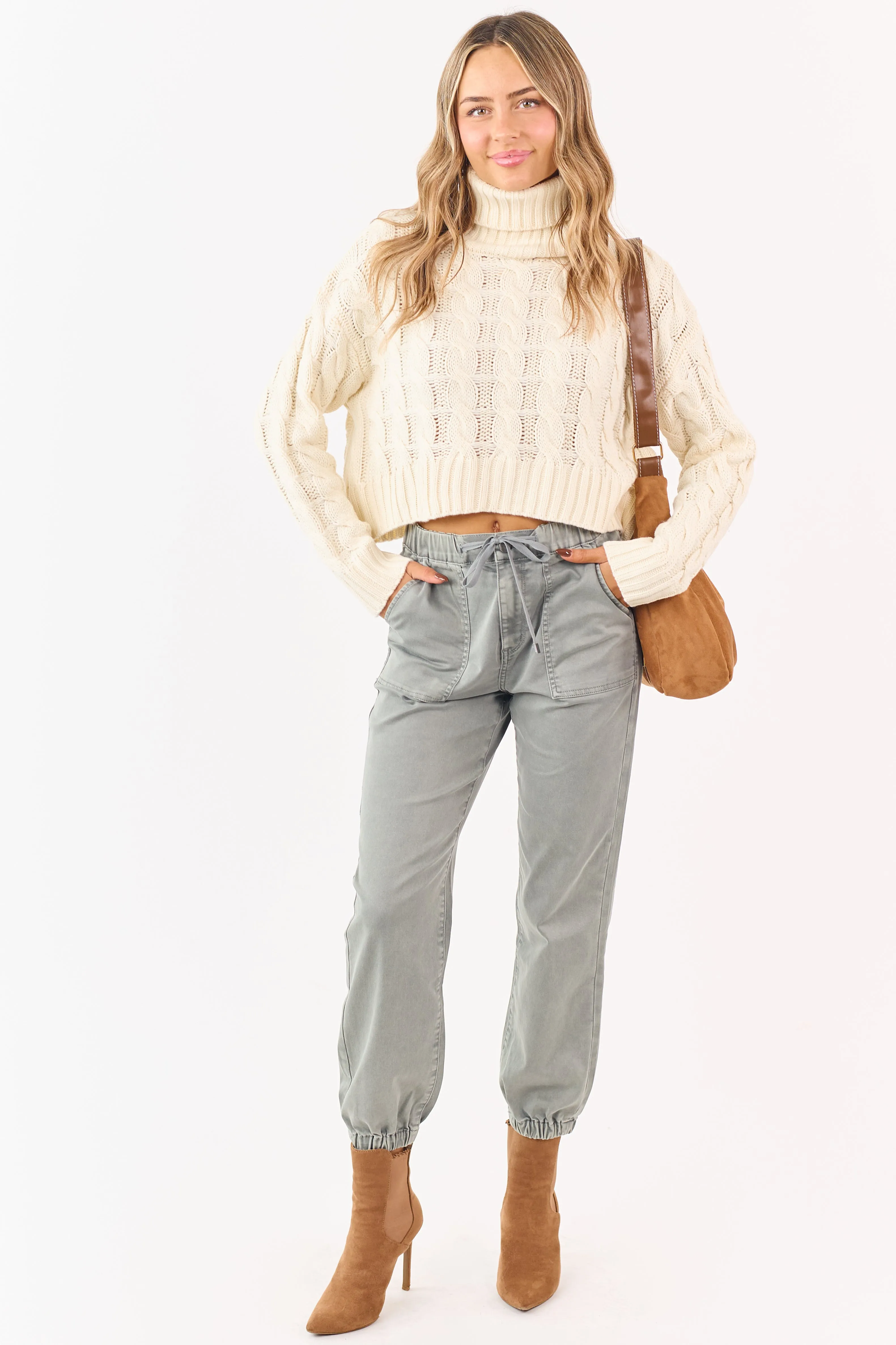 Cream Cropped Turtleneck Cable Knit Sweater sold by Lime Lush product image thumbnail 5