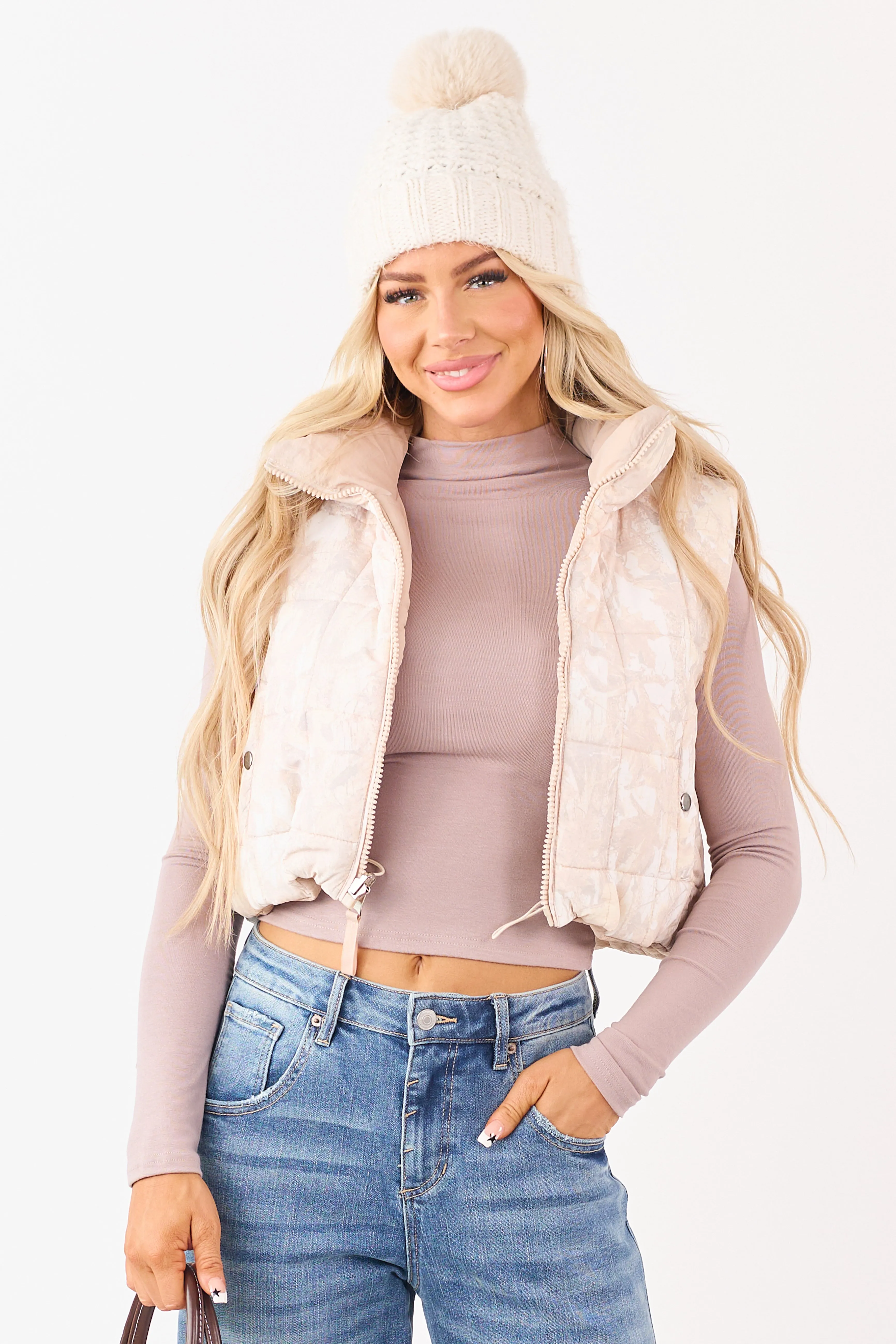 Faded Desert Sand Camo Reversible Crop Puffer Vest sold by Lime Lush