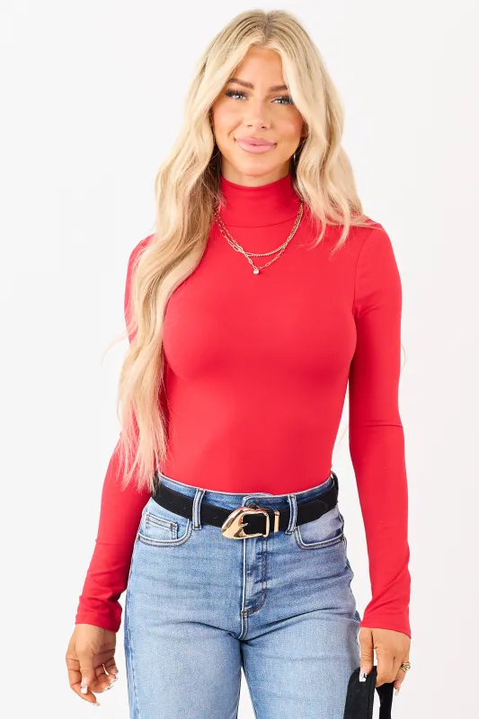 Crimson Mock Neck Long Sleeve Soft Knit Bodysuit sold by Lime Lush