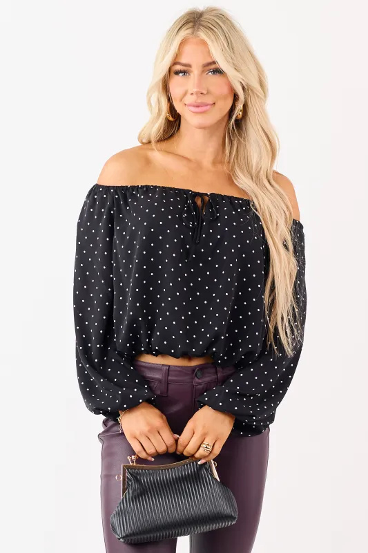 Black Polka Dot Off the Shoulder Bubble Hem Top sold by Lime Lush