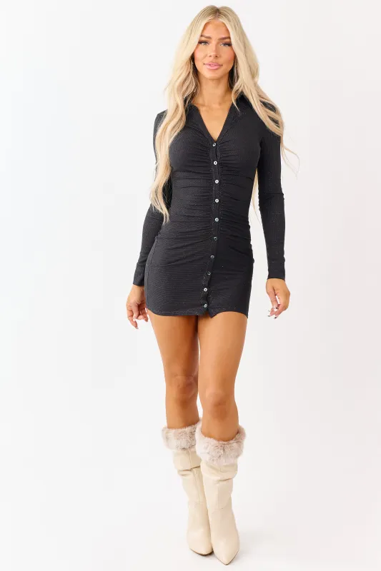 Black Lurex Threading Ruched Button Down Mini Dress sold by Lime Lush