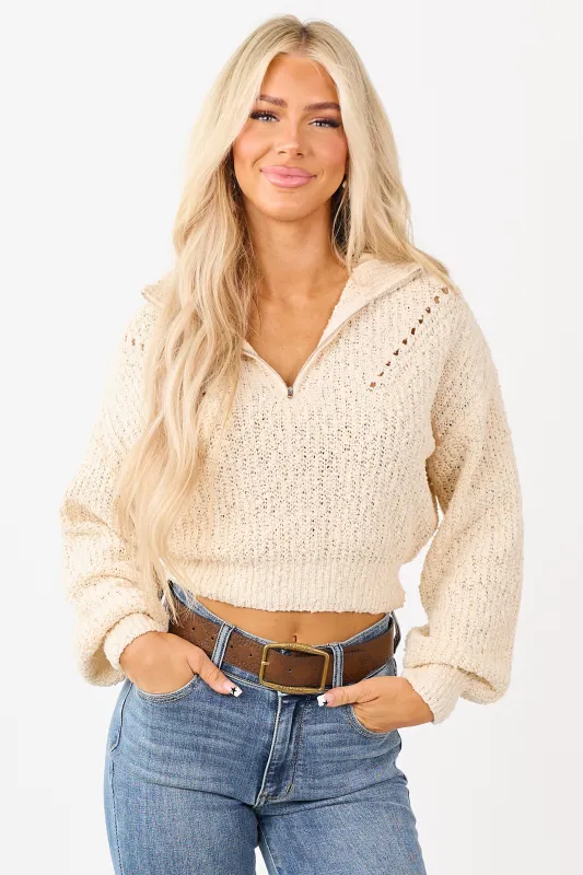 Cream Pointelle Quarter Zip Cropped Sweater sold by Lime Lush