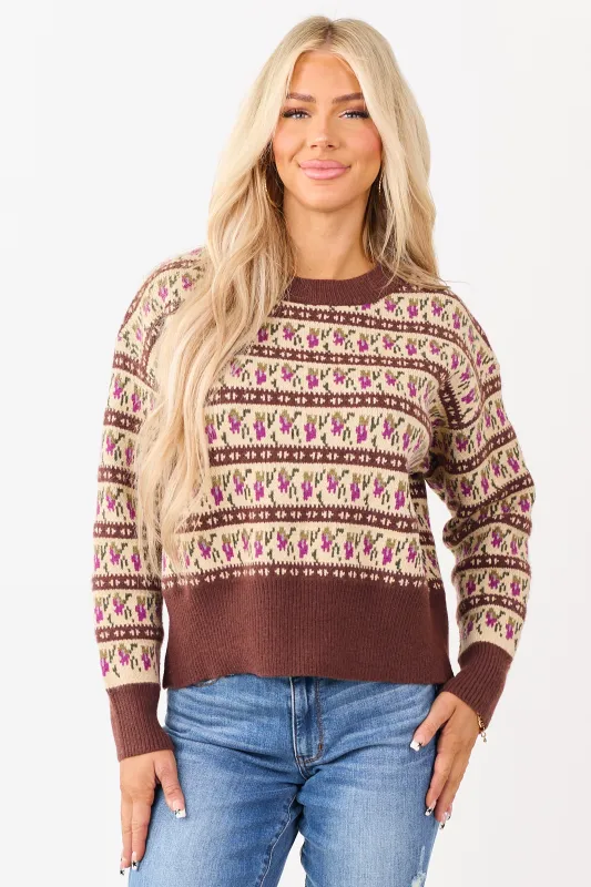 Listicle Chocolate Abstract Floral Knit Sweater made by Listicle