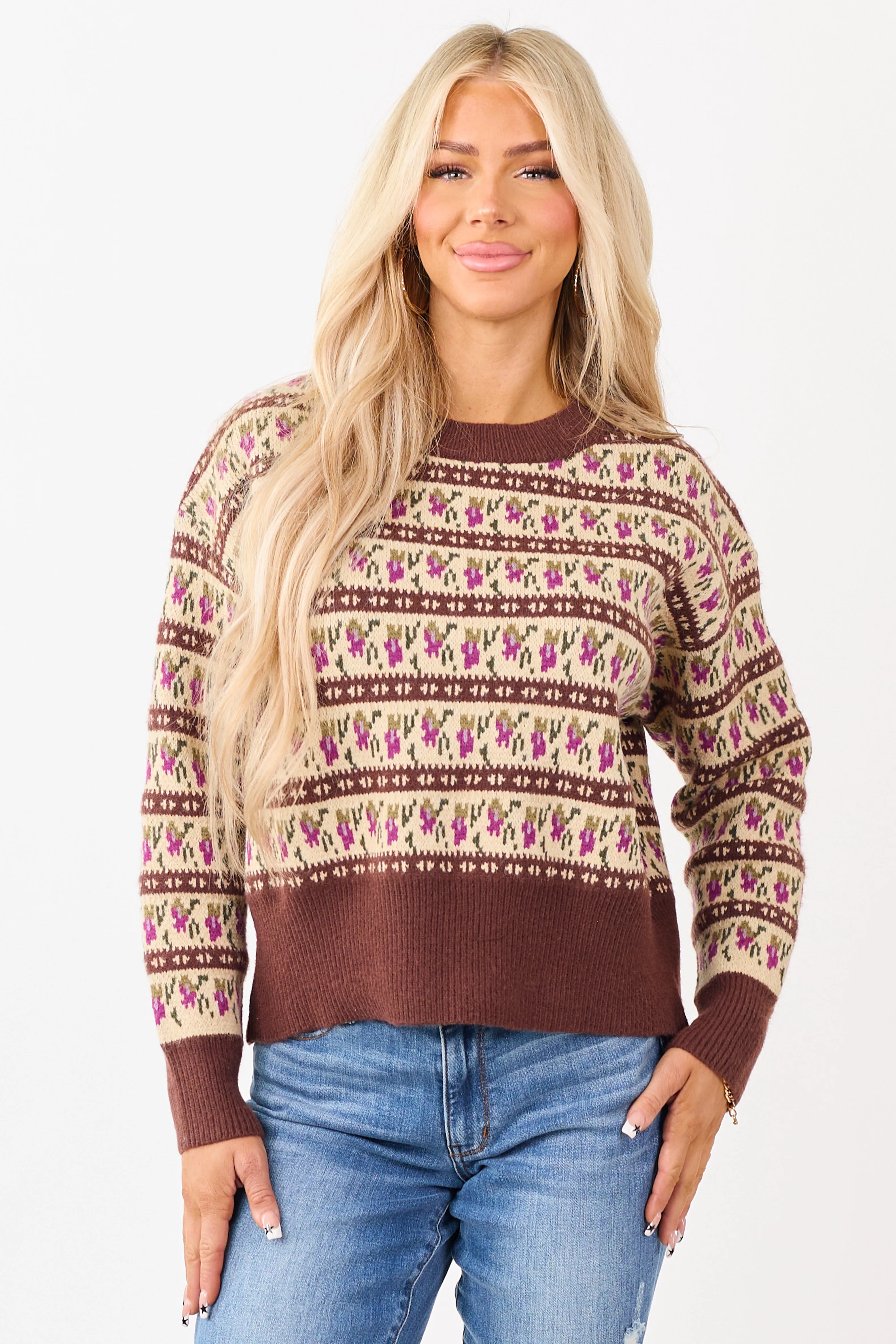 Listicle Chocolate Abstract Floral Knit Sweater sold by Lime Lush