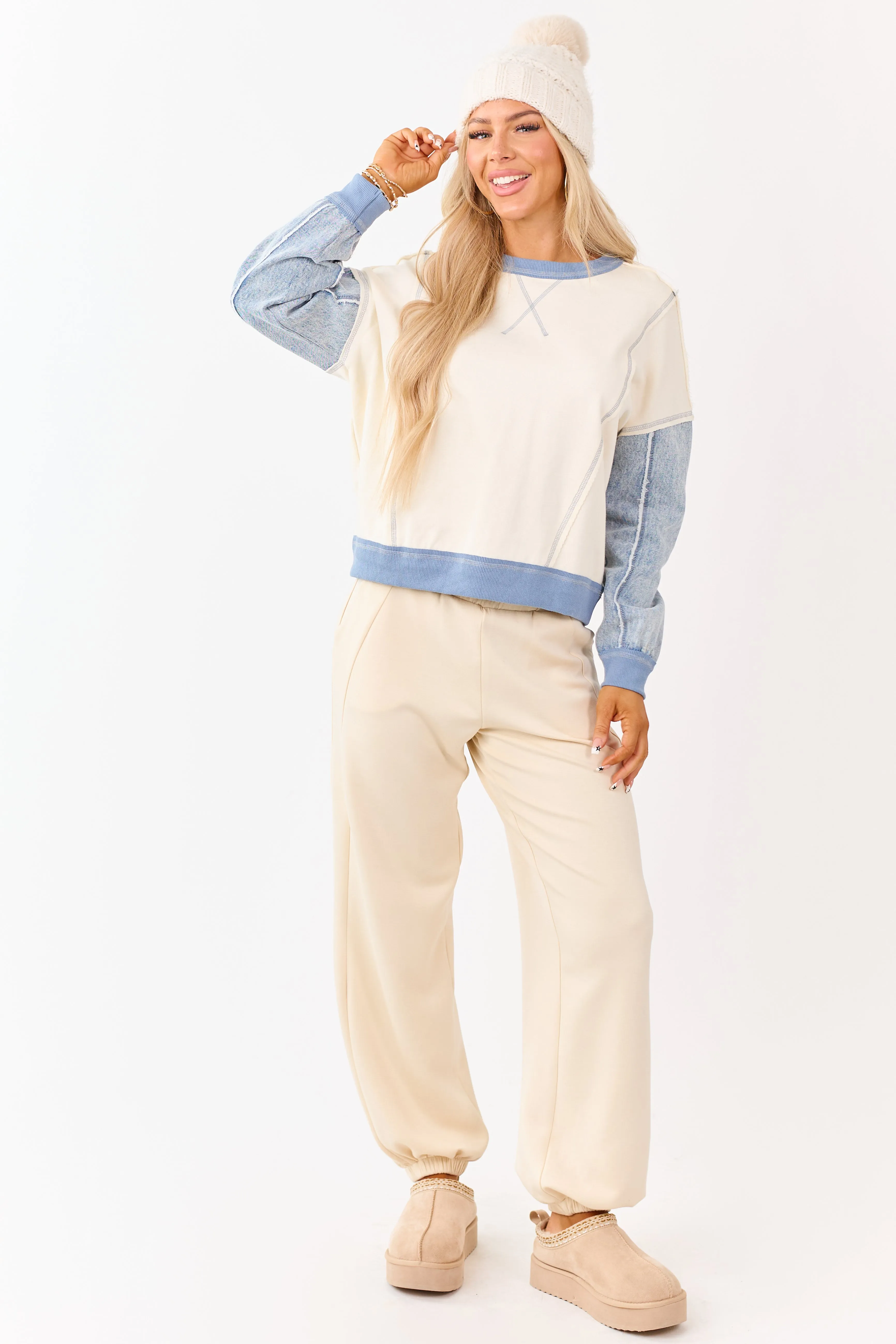Vanilla Knit Contrast Denim Long Sleeve Top sold by Lime Lush product image thumbnail 3