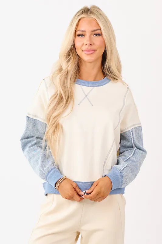 Vanilla Knit Contrast Denim Long Sleeve Top sold by Lime Lush