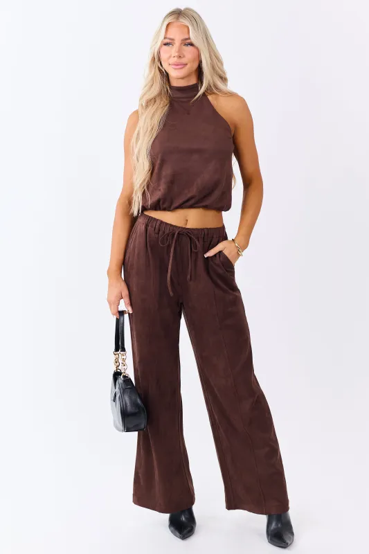 Chocolate Faux Suede Wide Leg Drawstring Pants sold by Lime Lush