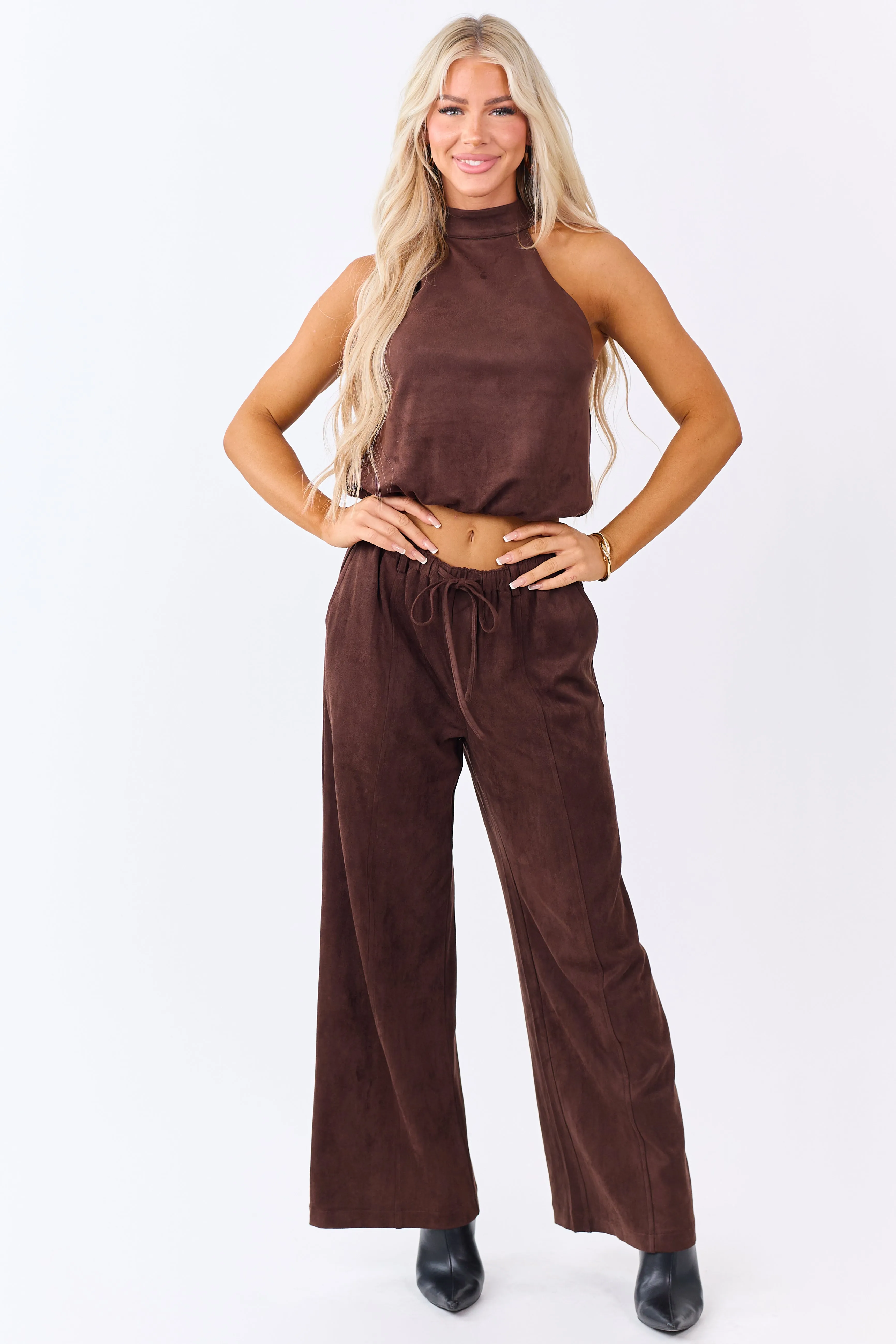 Chocolate Faux Suede Bubble Hem Halter Top sold by Lime Lush product image thumbnail 2