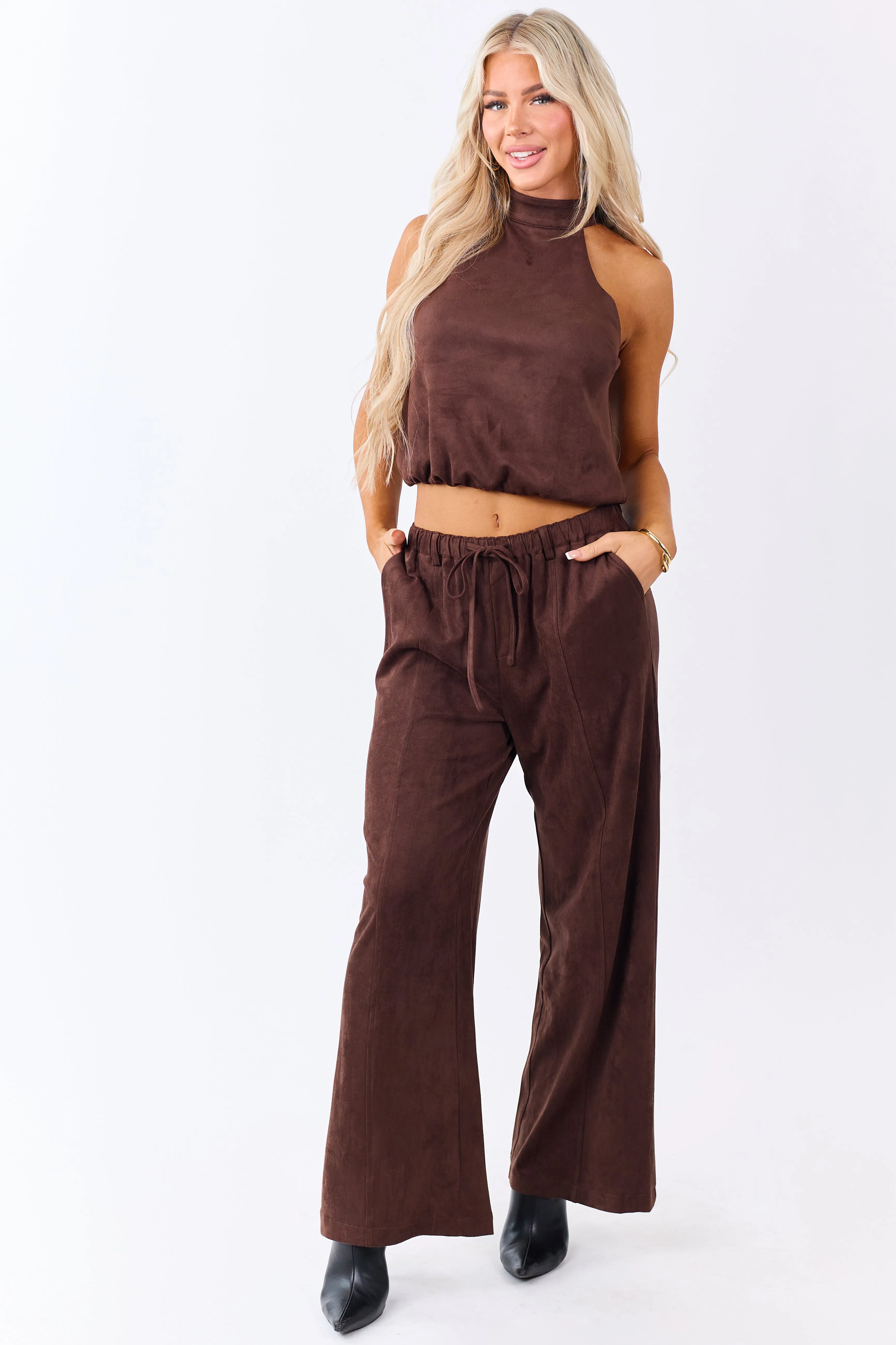 Chocolate Faux Suede Bubble Hem Halter Top sold by Lime Lush product image thumbnail 3