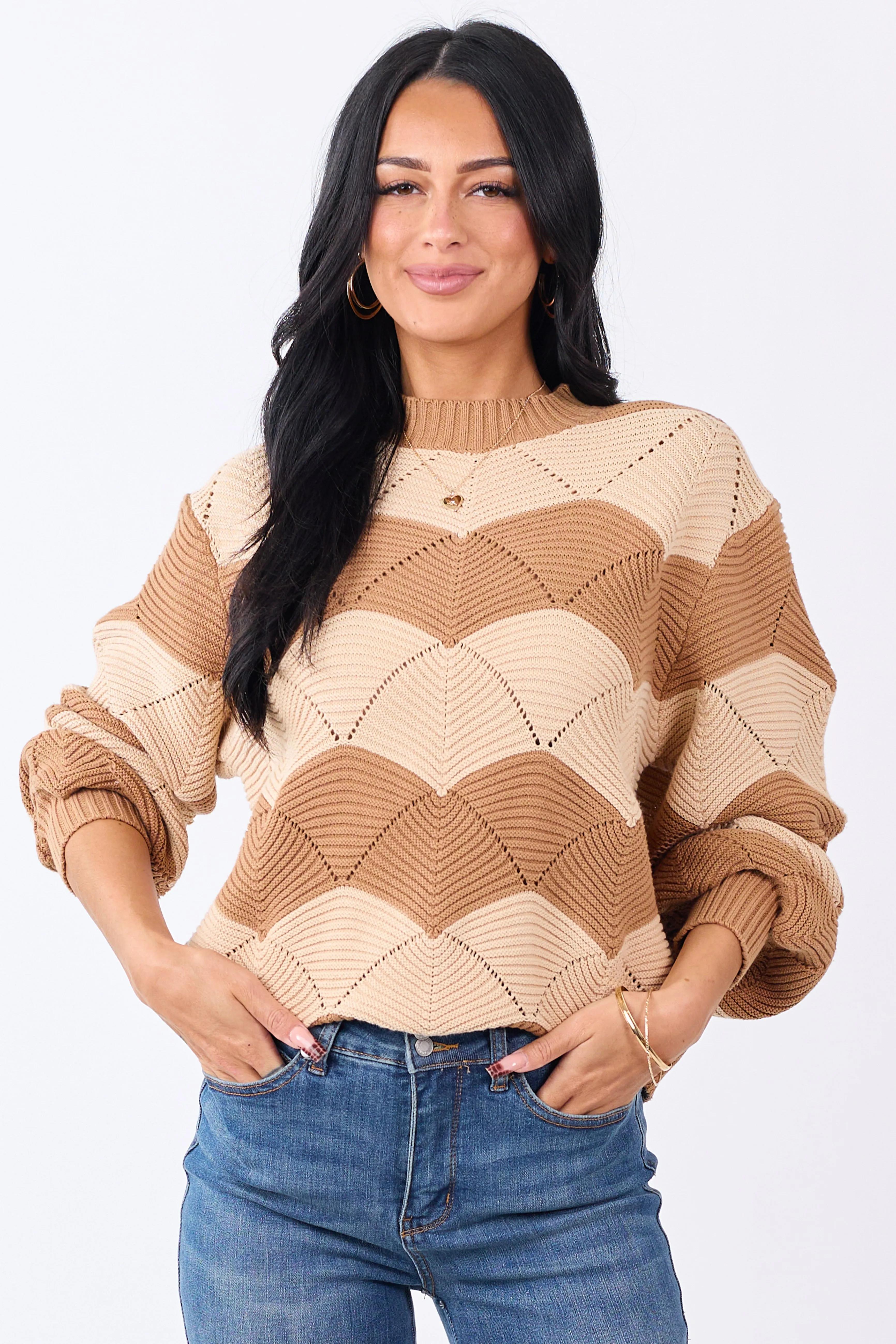 Brown Sugar Wavy Stripe Pointelle Cotton Sweater sold by Lime Lush