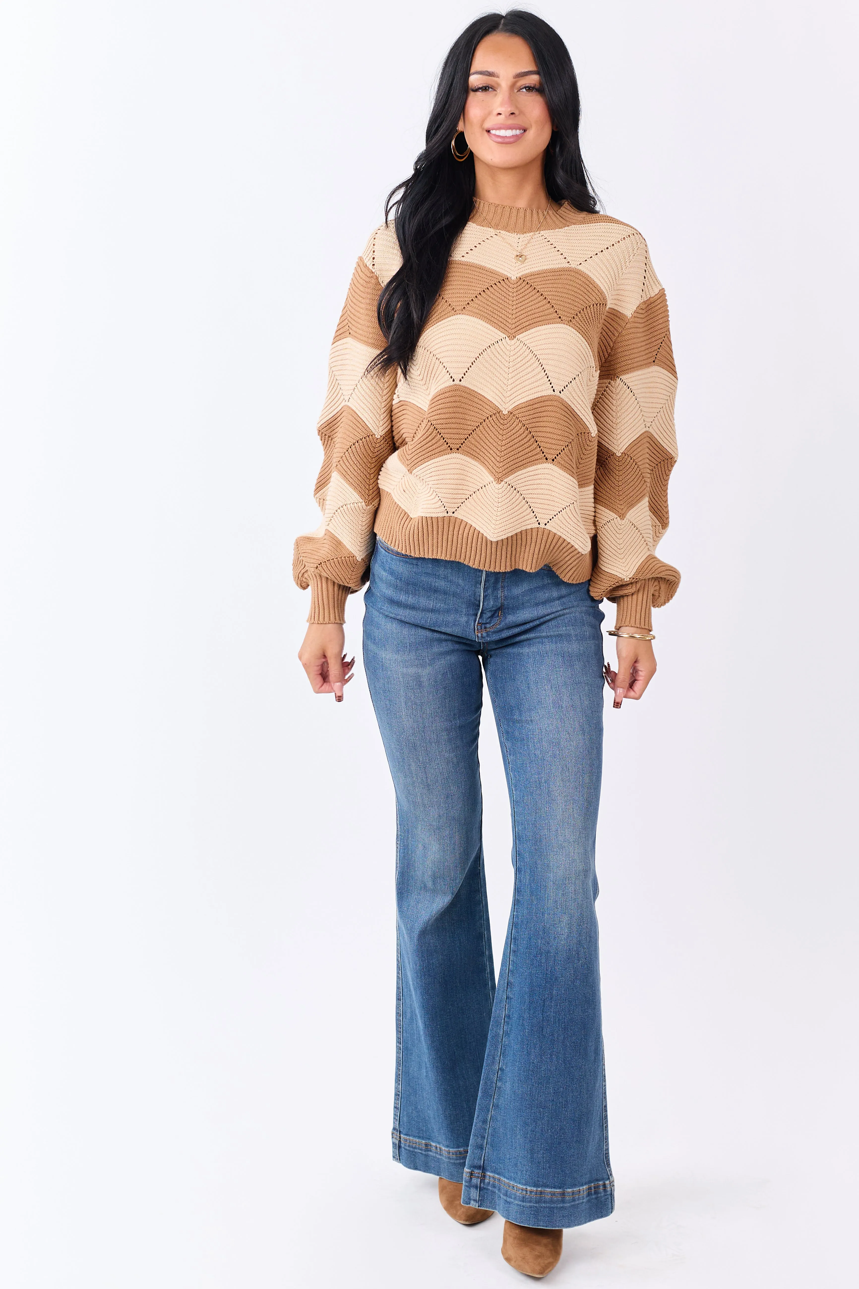 Brown Sugar Wavy Stripe Pointelle Cotton Sweater sold by Lime Lush product image thumbnail 2