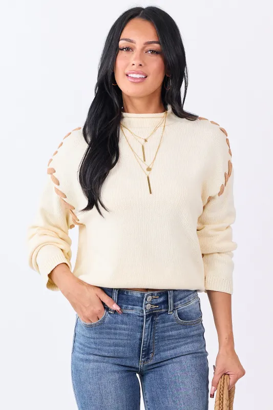 Cream Contrast Stitch Mock Neck Sweater sold by Lime Lush