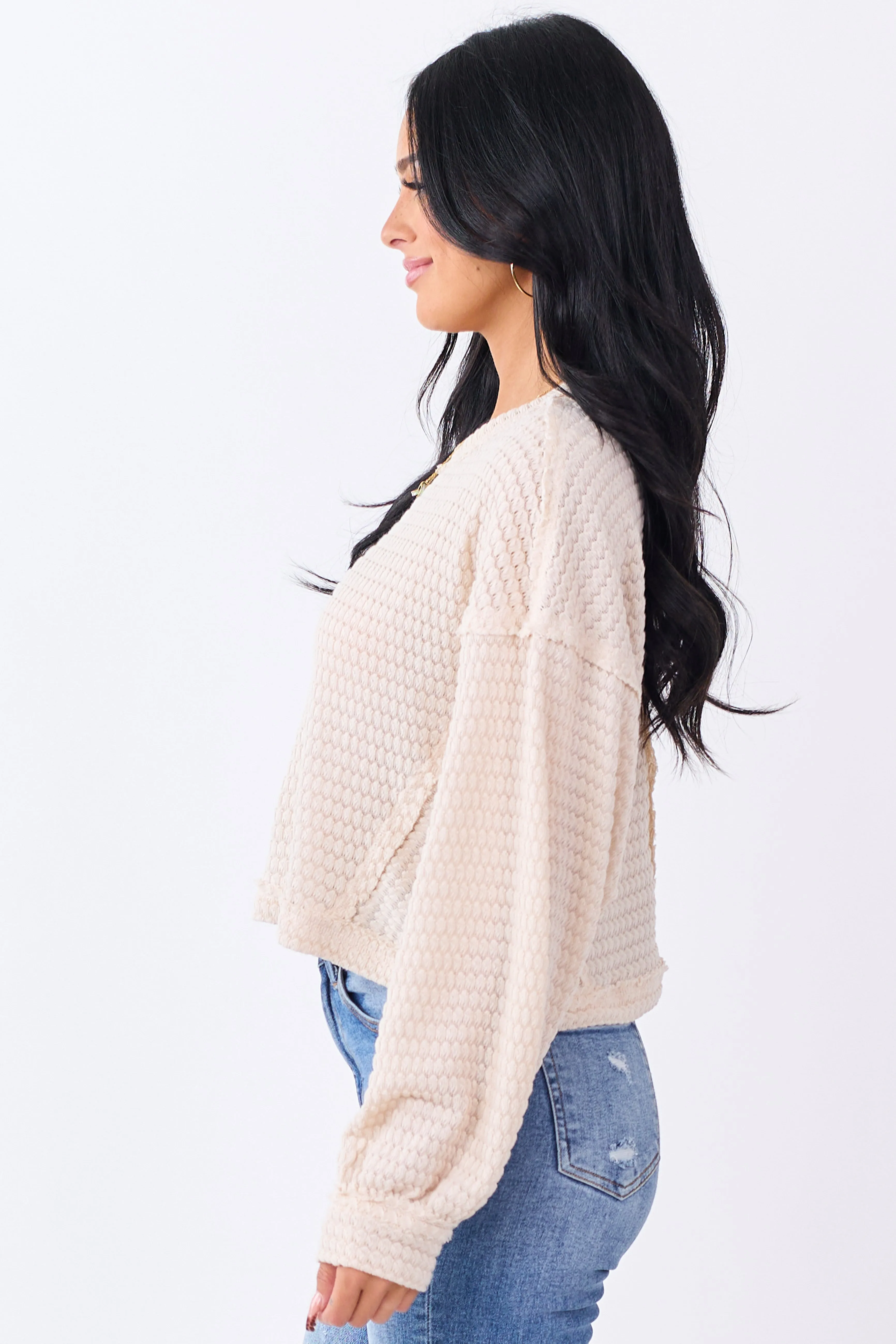 Champagne Waffle Knit Long Sleeve Boxy Top sold by Lime Lush product image thumbnail 4