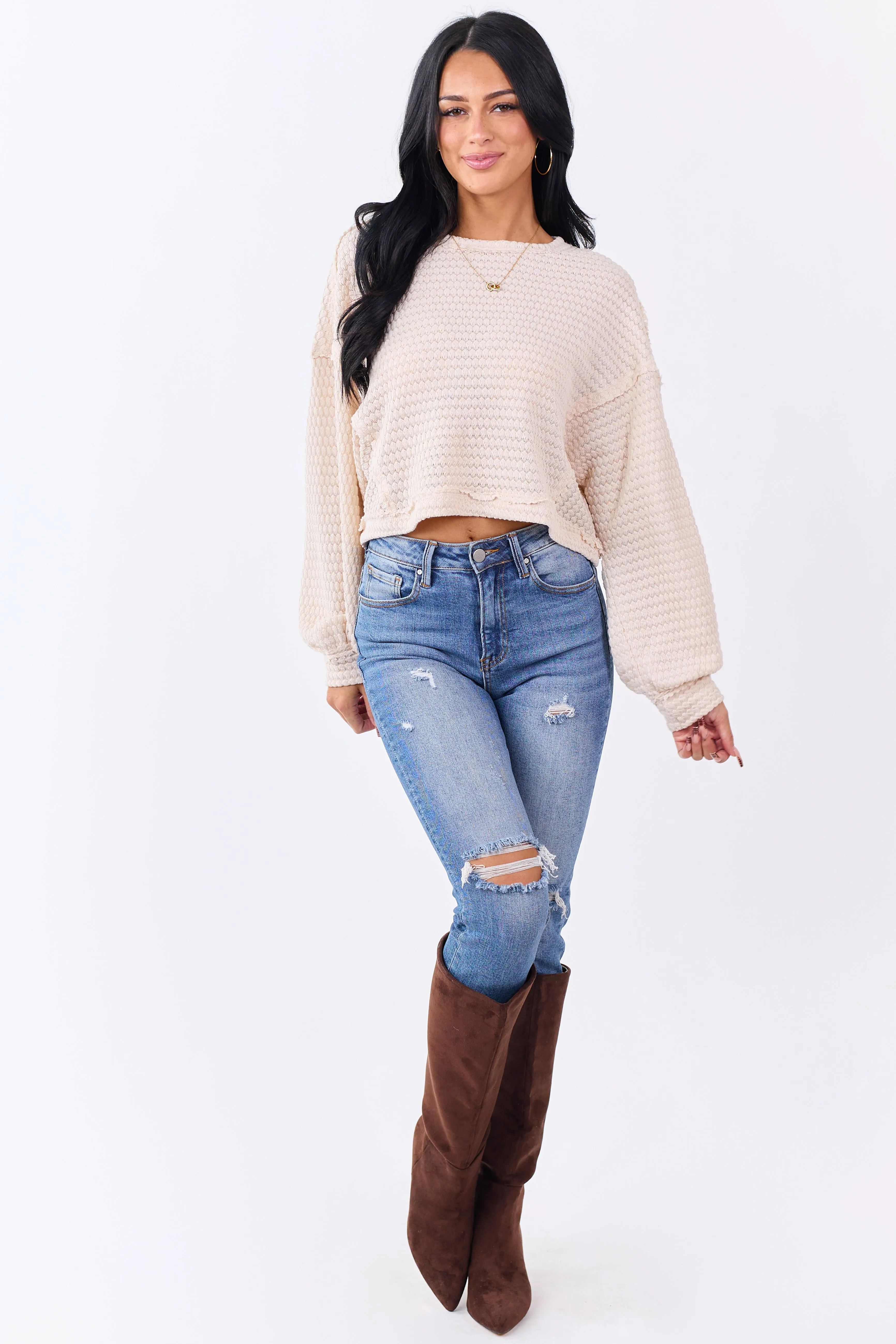 Champagne Waffle Knit Long Sleeve Boxy Top sold by Lime Lush product image thumbnail 2