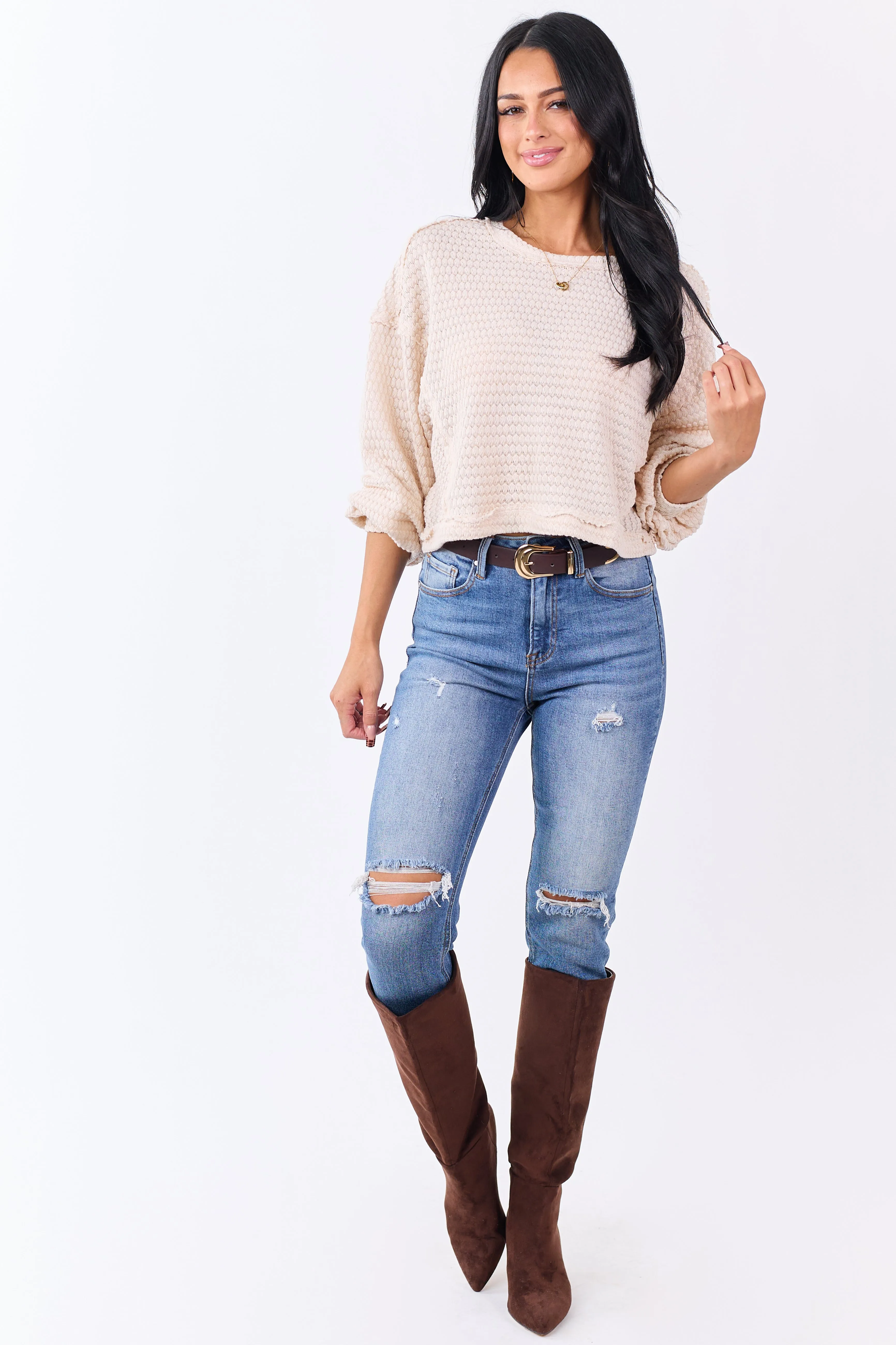 Champagne Waffle Knit Long Sleeve Boxy Top sold by Lime Lush product image thumbnail 3