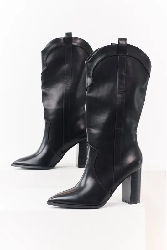 Black Faux Leather Western Block Heel Tall Boots sold by Lime Lush