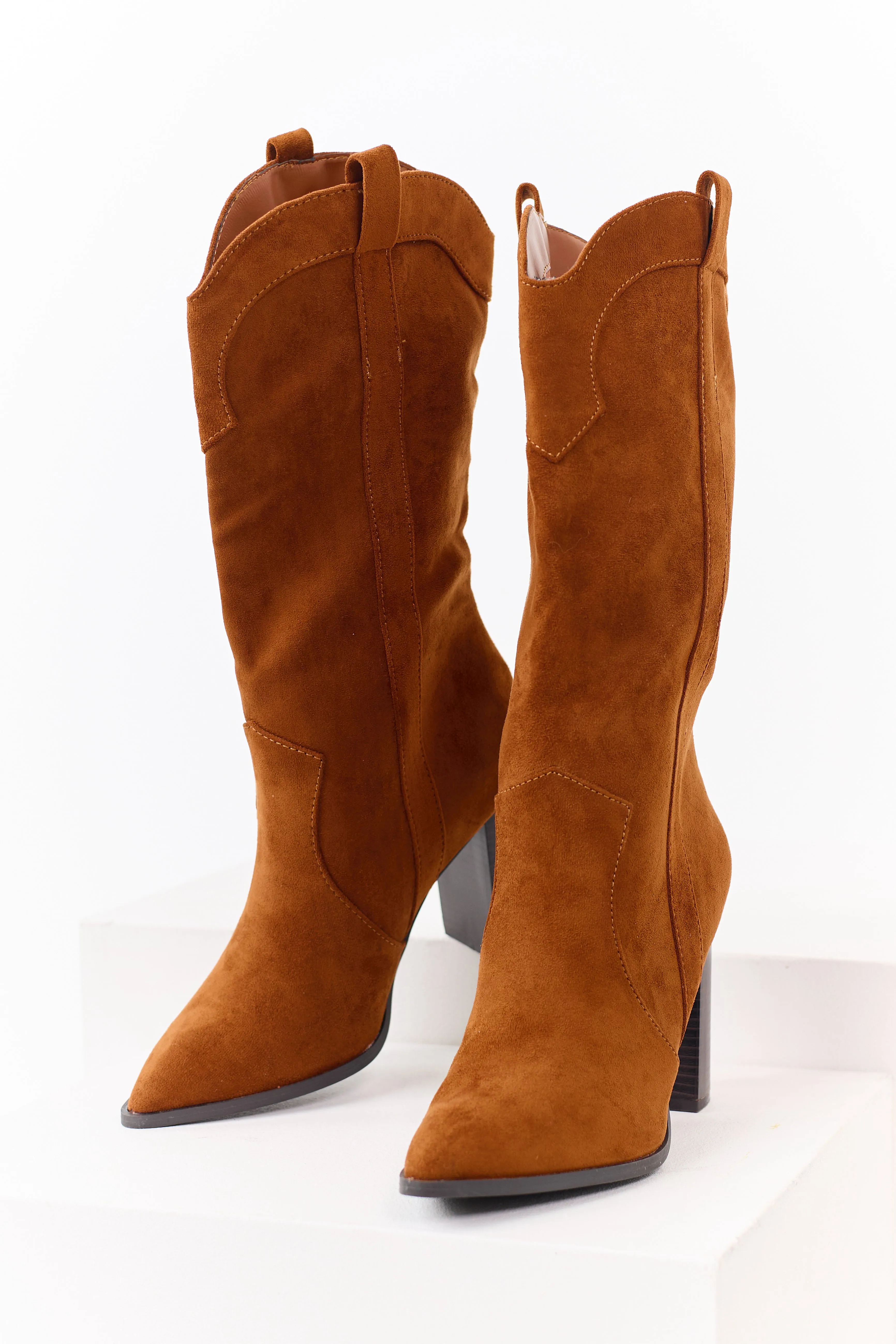 Caramel Faux Suede Western Block Heel Tall Boots sold by Lime Lush product image thumbnail 2