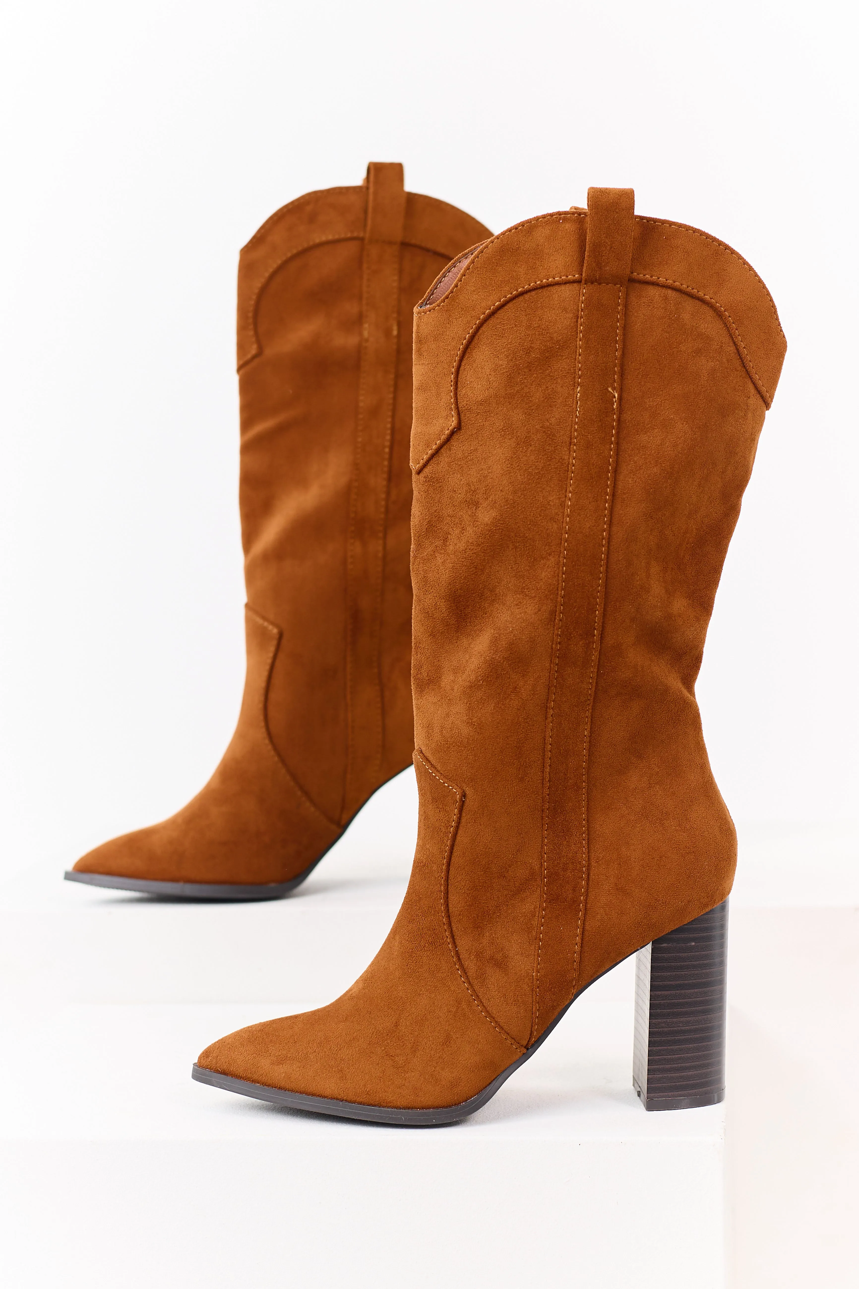 Caramel Faux Suede Western Block Heel Tall Boots sold by Lime Lush