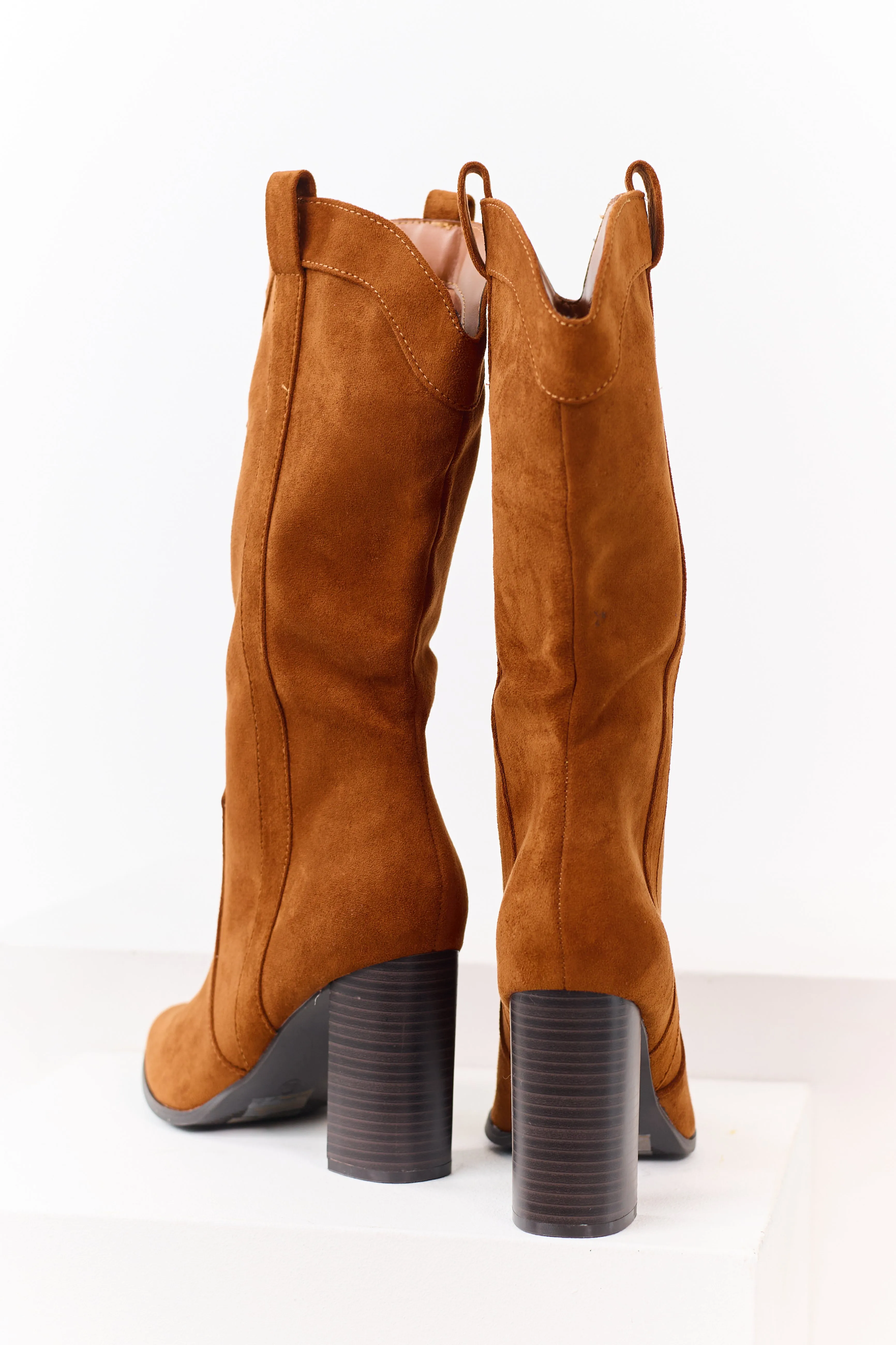 Caramel Faux Suede Western Block Heel Tall Boots sold by Lime Lush product image thumbnail 3