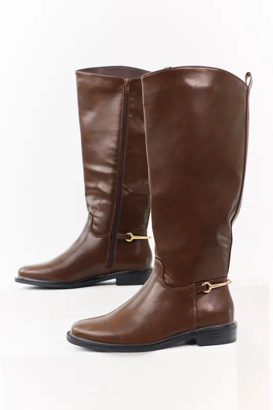 Sepia Faux Leather Horsebit Detail Tall Riding Boots made by Lime Lush