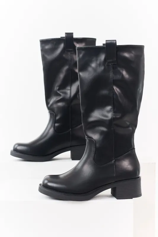 Black Faux Leather Tall Stacked Heel Boots sold by Lime Lush