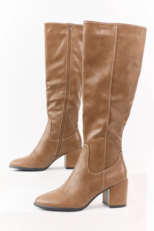 Latte Faux Leather Tall Block Heel Boots sold by Lime Lush