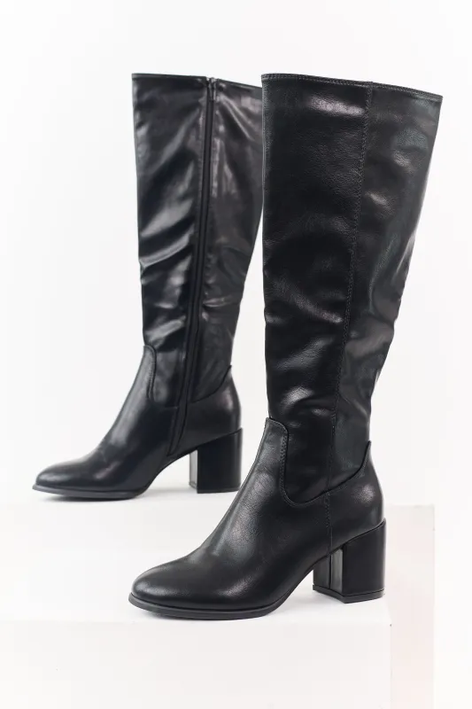Black Faux Leather Tall Block Heel Boots sold by Lime Lush